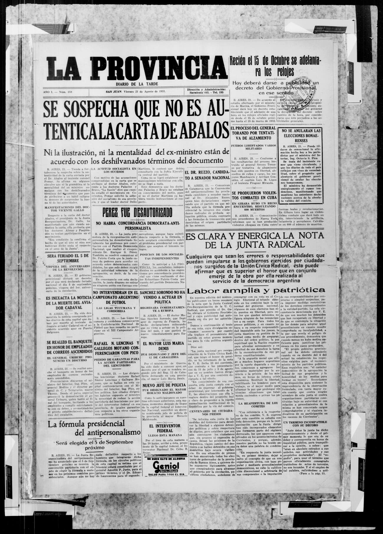 Portada · 21 de Agosto de 1931