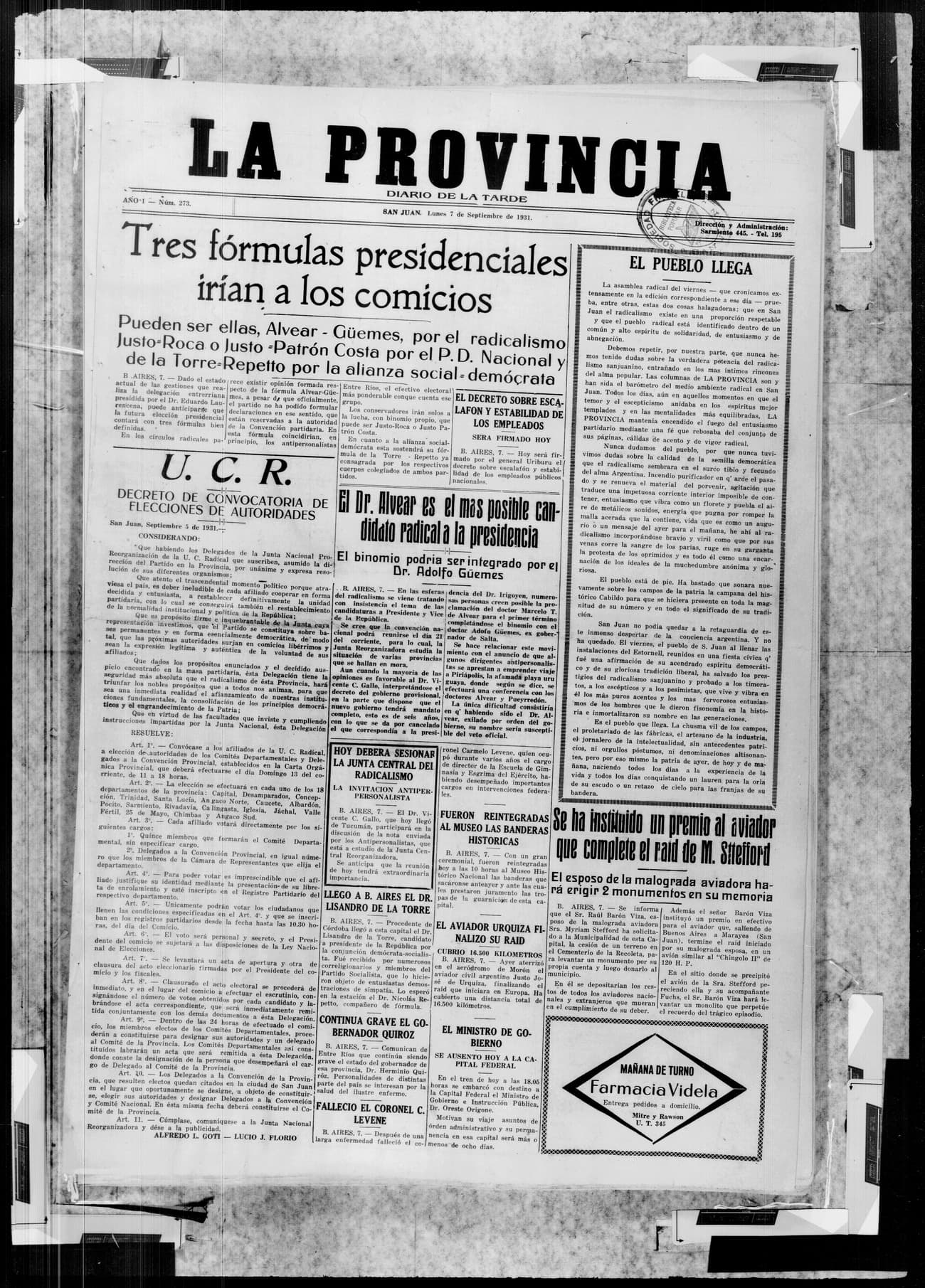 Portada · 7 de Septiembre de 1931