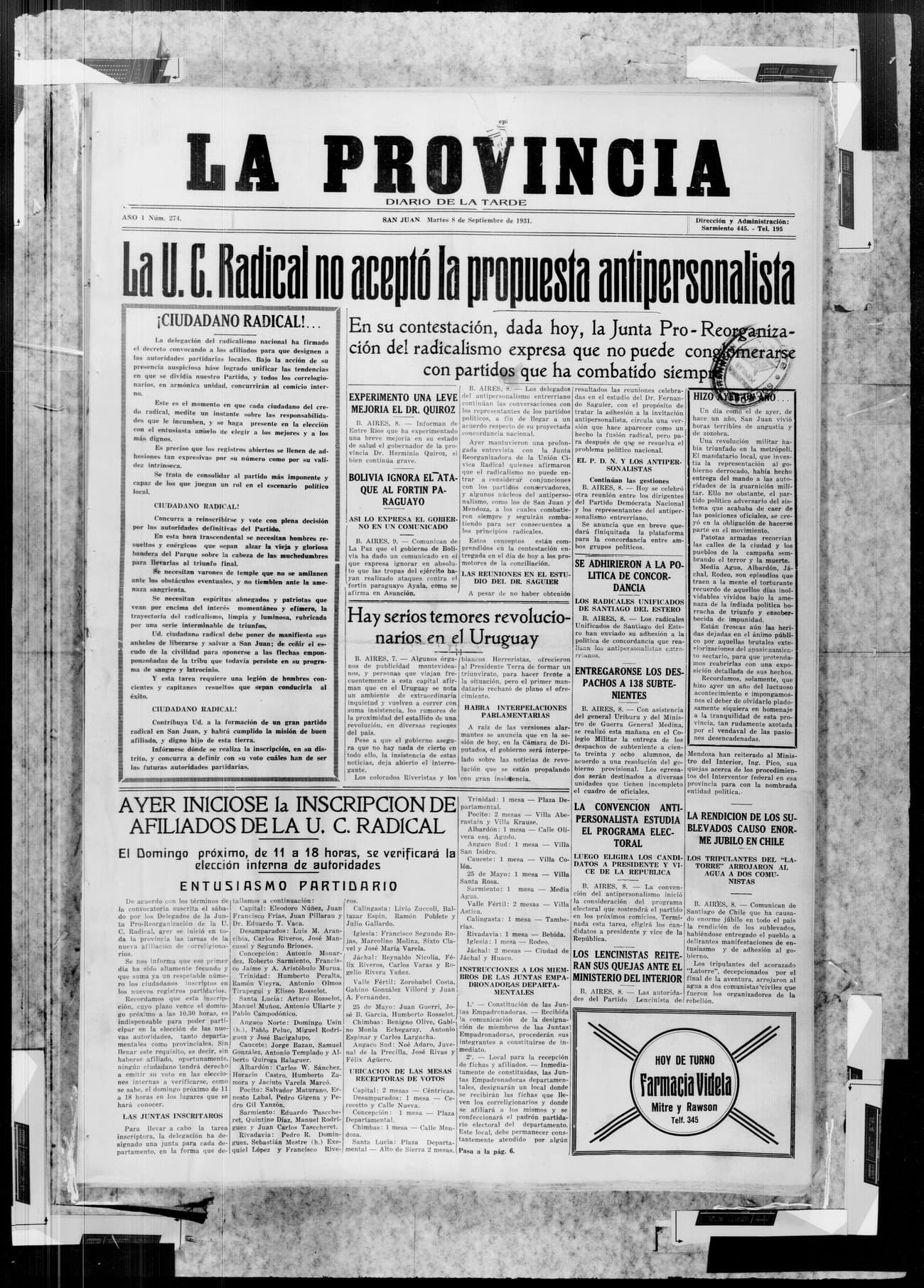 Portada · 8 de Septiembre de 1931