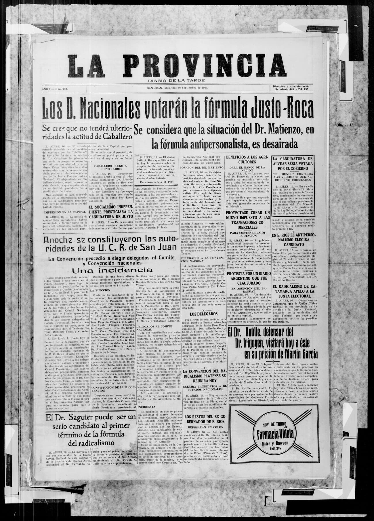 Portada · 16 de Septiembre de 1931