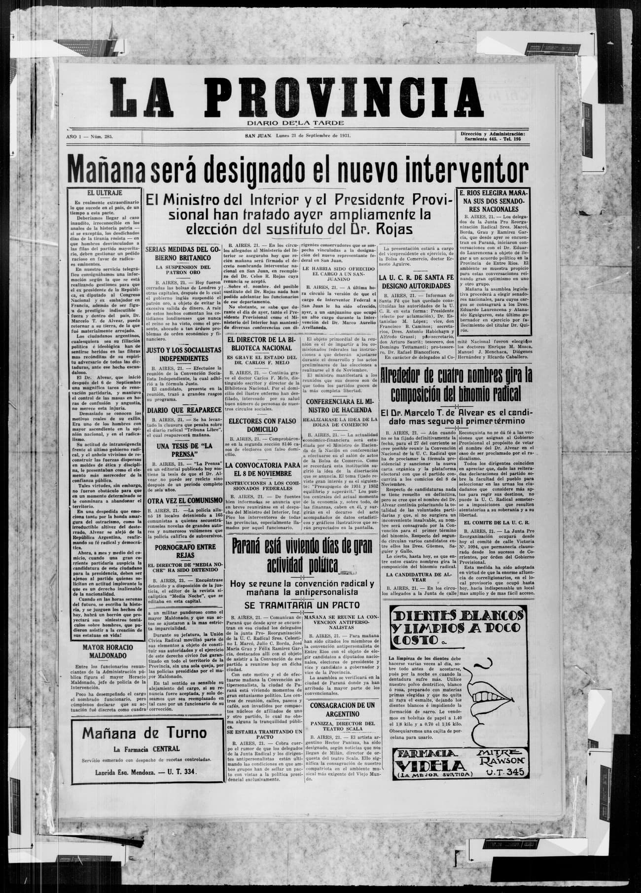 Portada · 21 de Septiembre de 1931