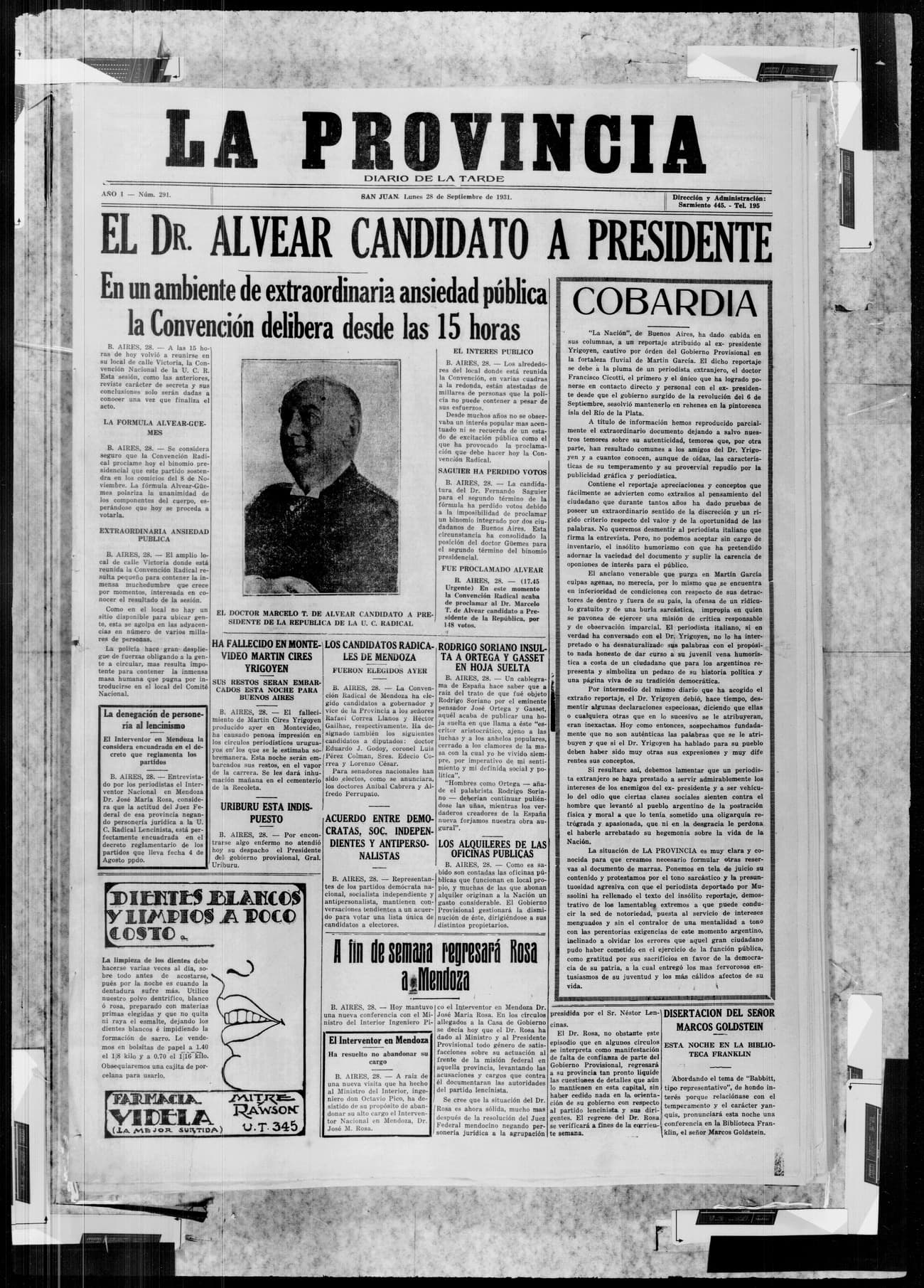 Portada · 28 de Septiembre de 1931