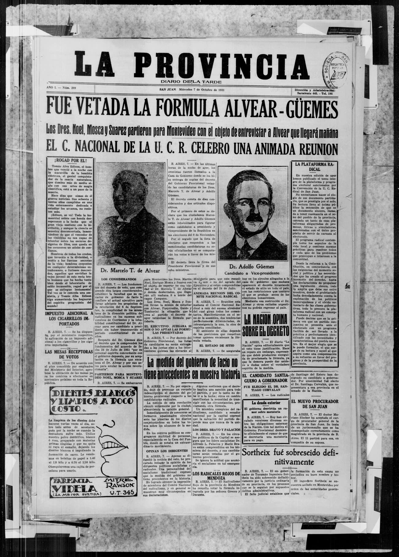 Portada · 7 de Octubre de 1931