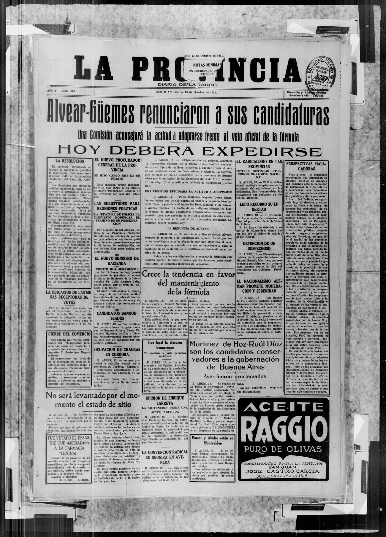 Portada · 13 de Octubre de 1931