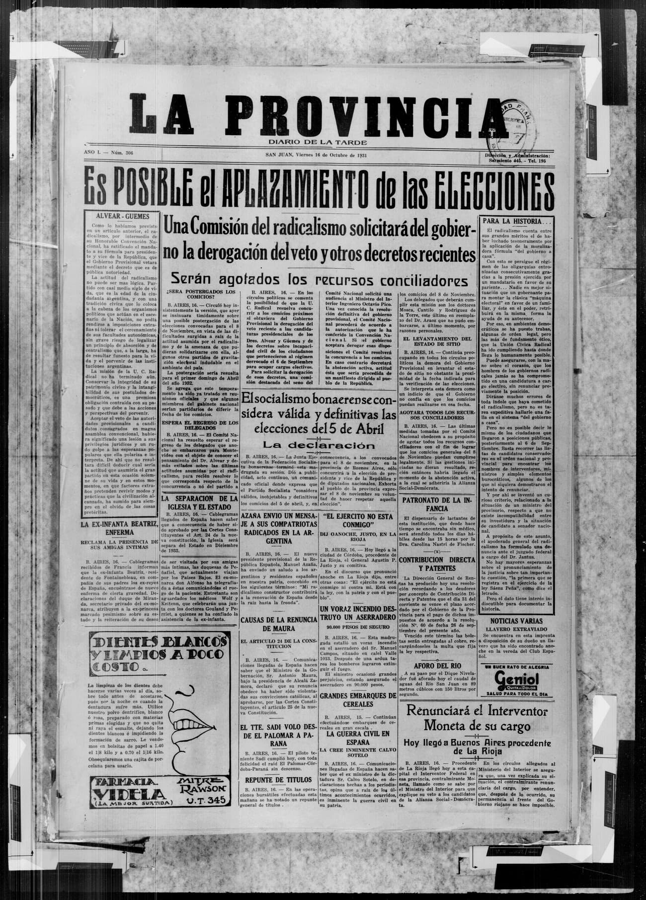 Portada · 16 de Octubre de 1931