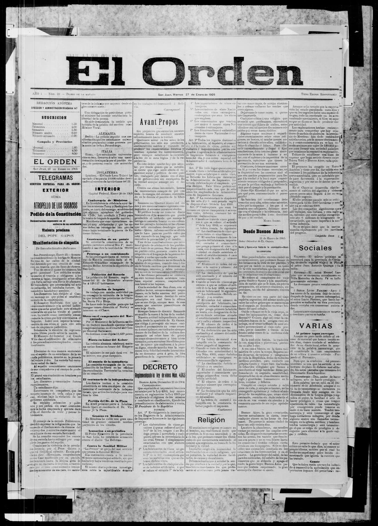Portada · 27 de Enero de 1905
