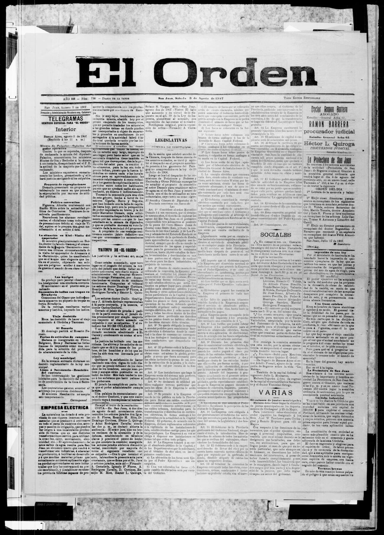 Portada · 3 de Agosto de 1907