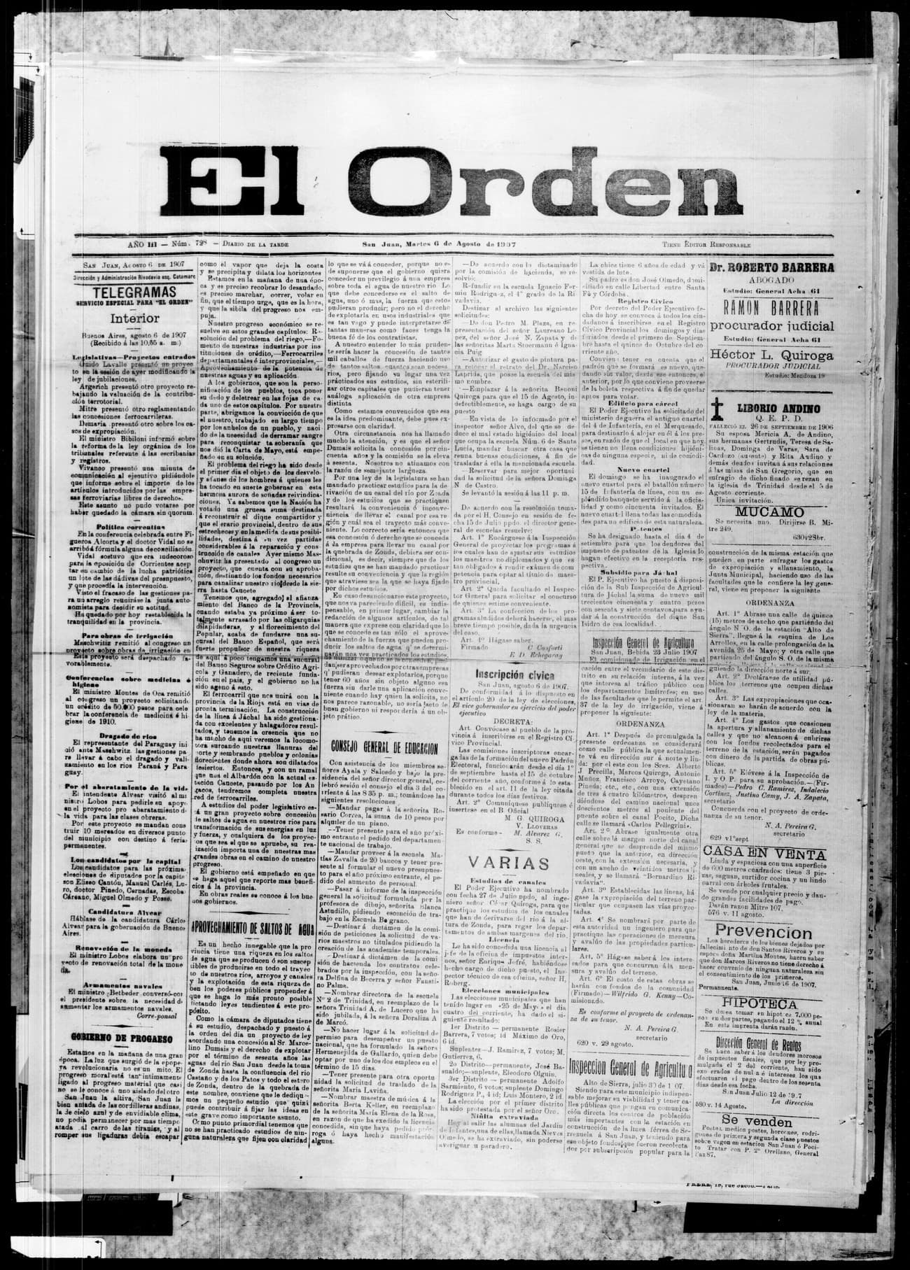 Portada · 6 de Agosto de 1907