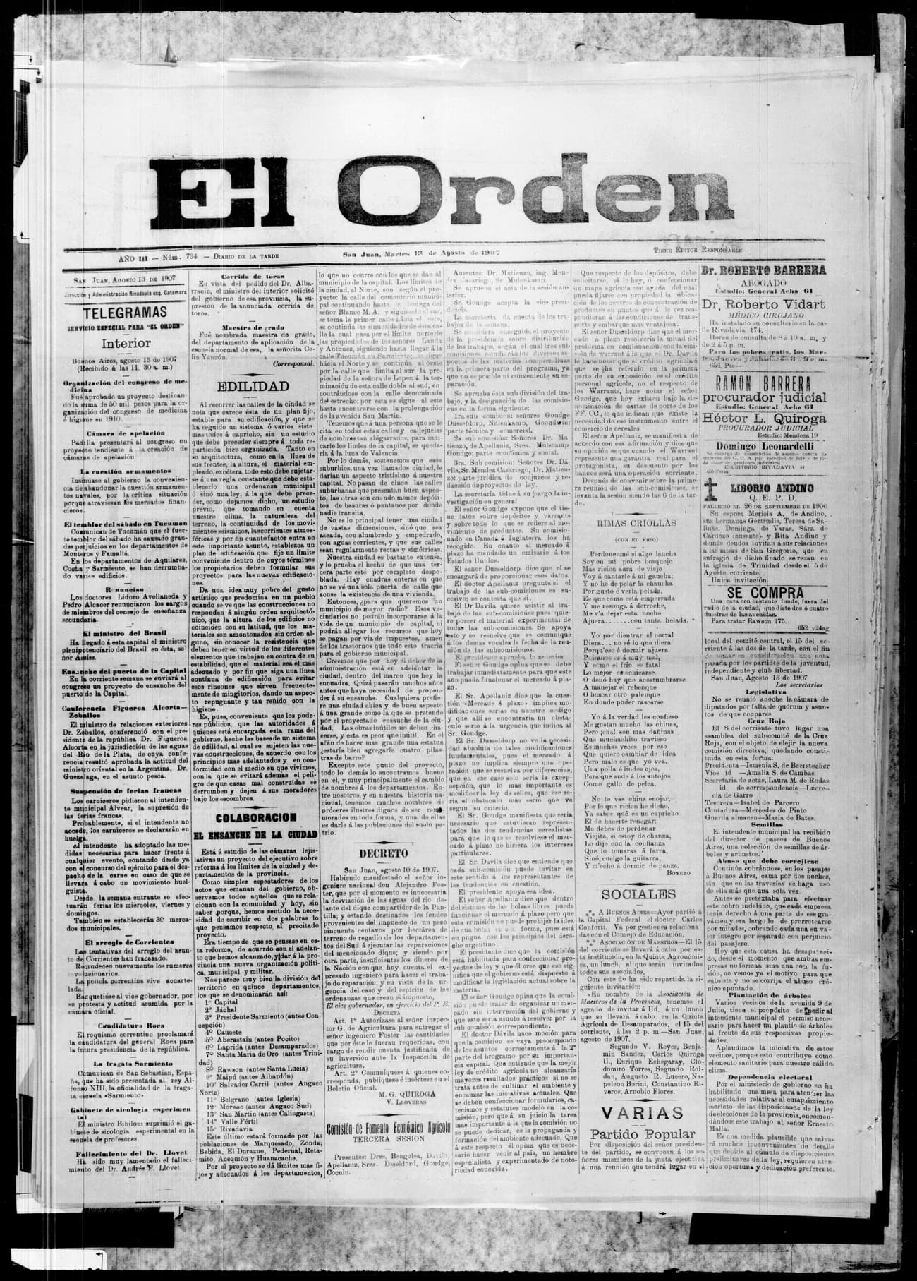 Portada · 13 de Agosto de 1907