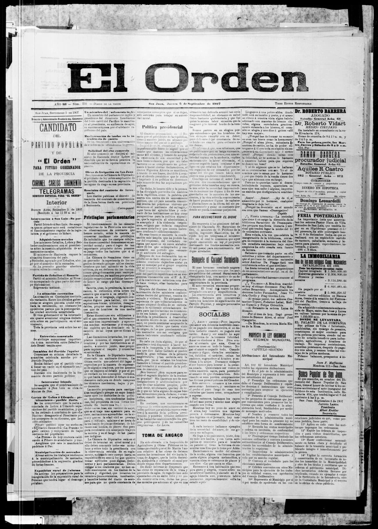 Portada · 5 de Septiembre de 1907