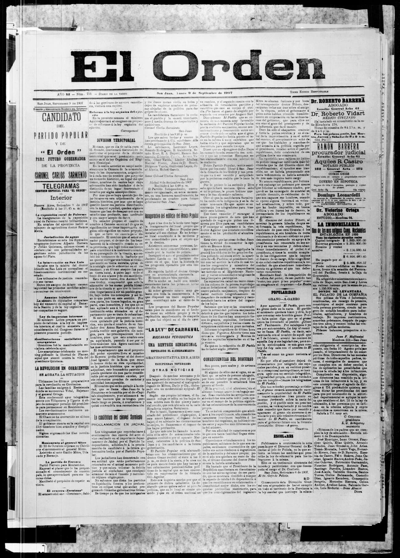 Portada · 9 de Septiembre de 1907