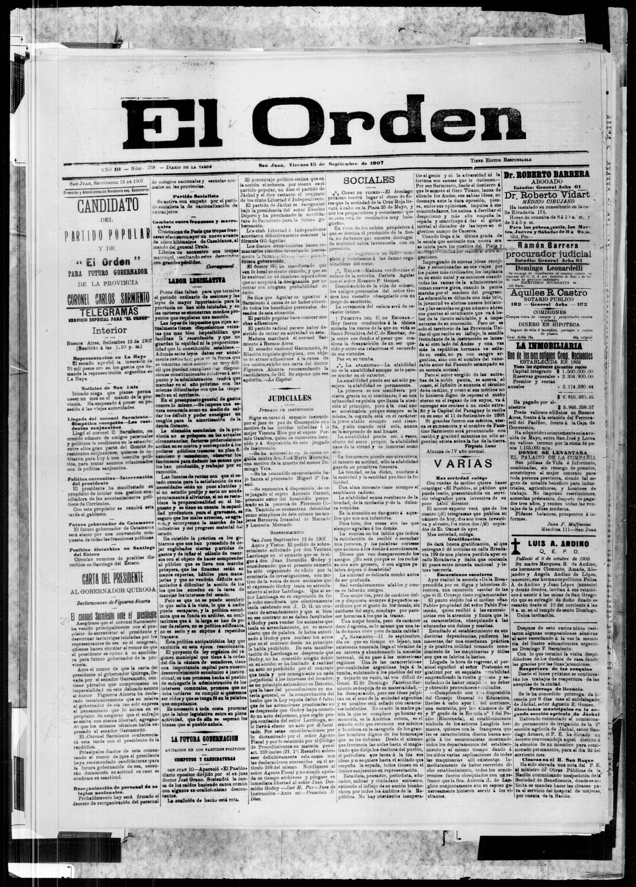 Portada · 13 de Septiembre de 1907