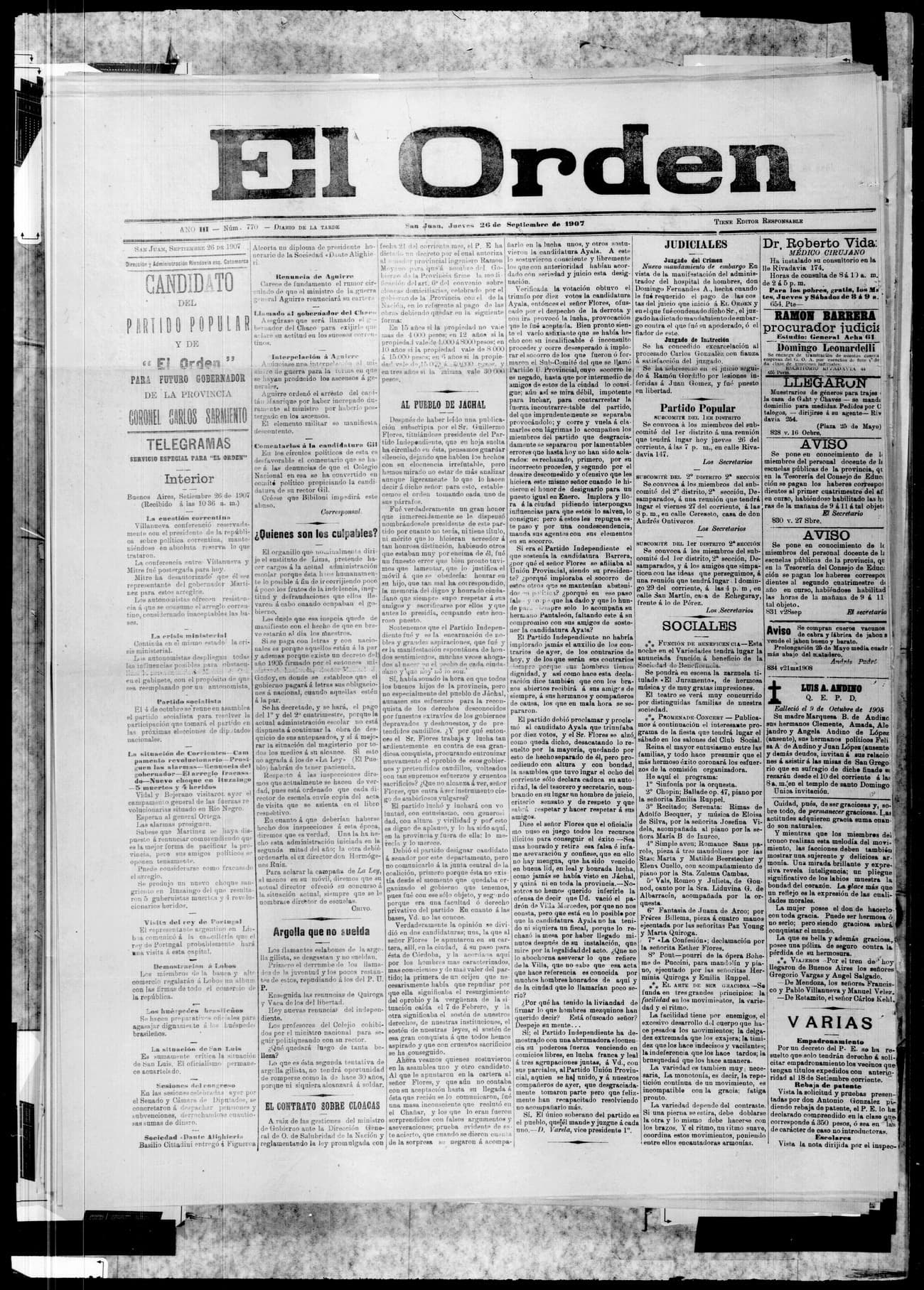 Portada · 26 de Septiembre de 1907