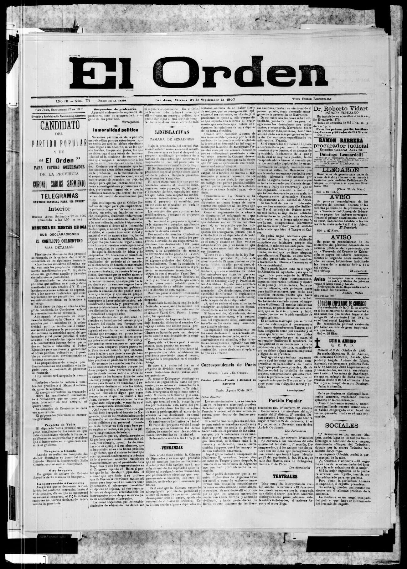 Portada · 27 de Septiembre de 1907