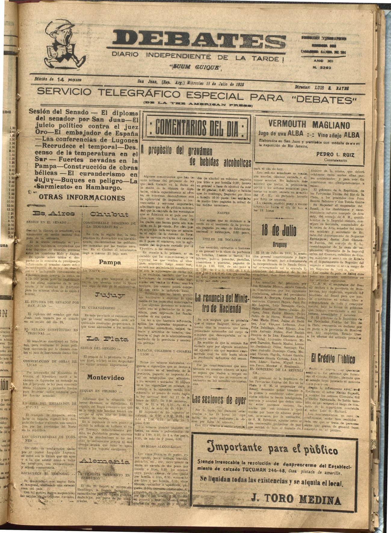 Portada · Diario Debates del 18 de julio de 1923