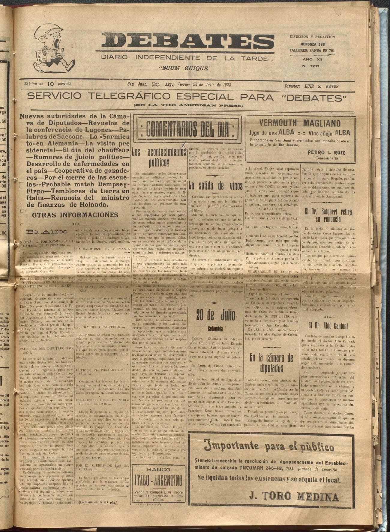 Portada · Diario Debates del 20 de julio de 1923
