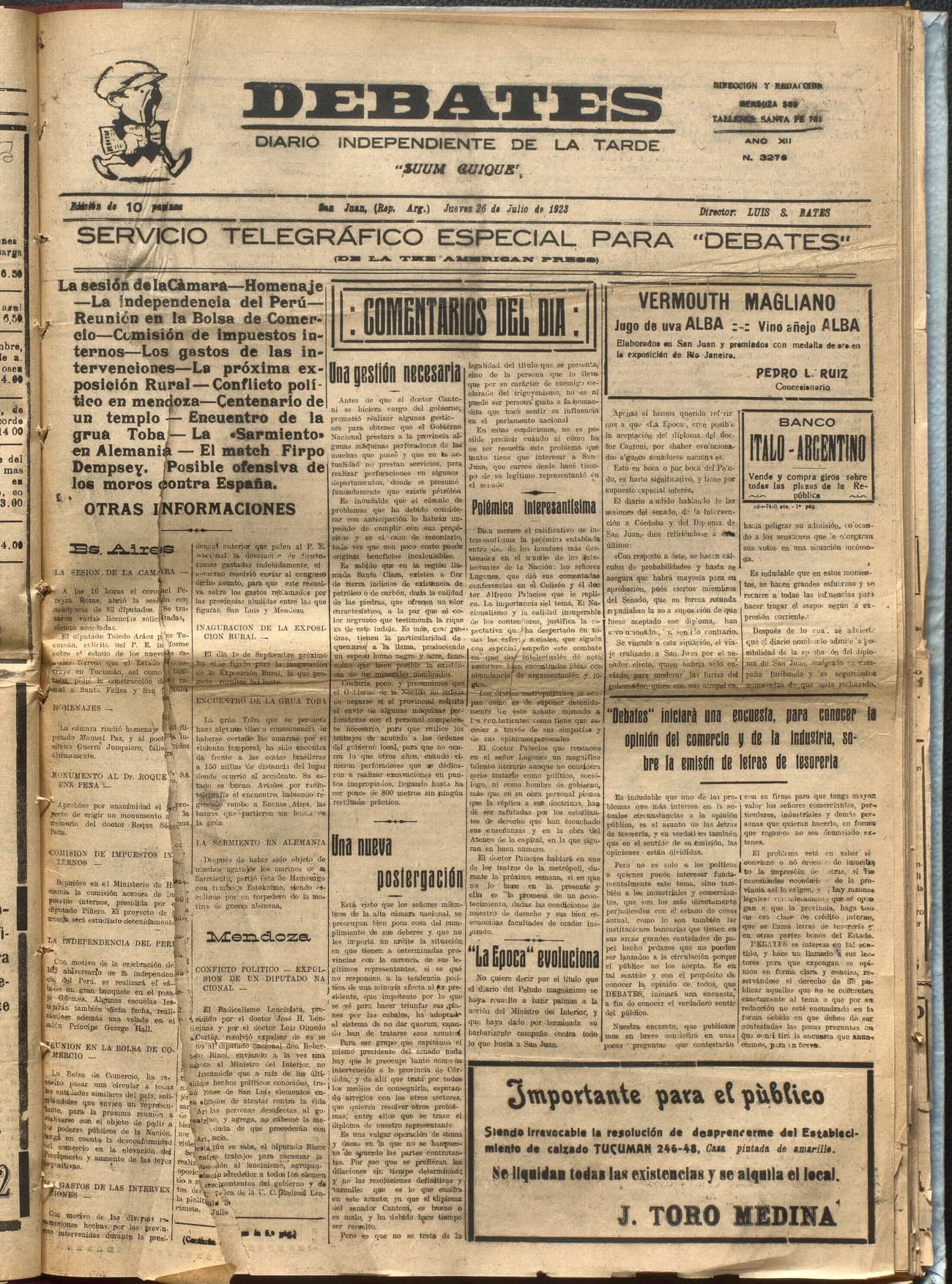 Portada · Diario Debates del 26 de julio de 1923
