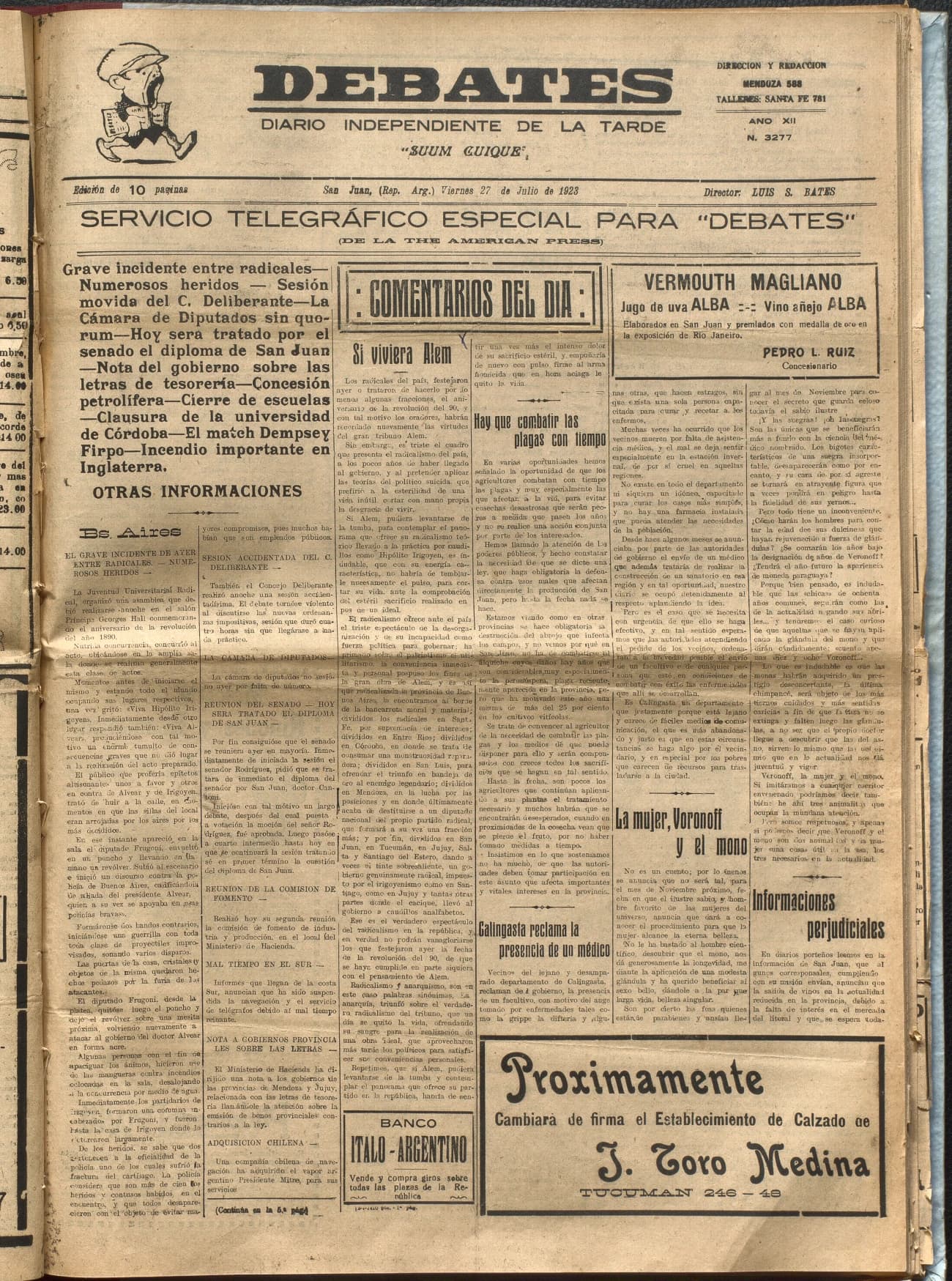 Portada · Diario Debates del 27 de julio de 1923