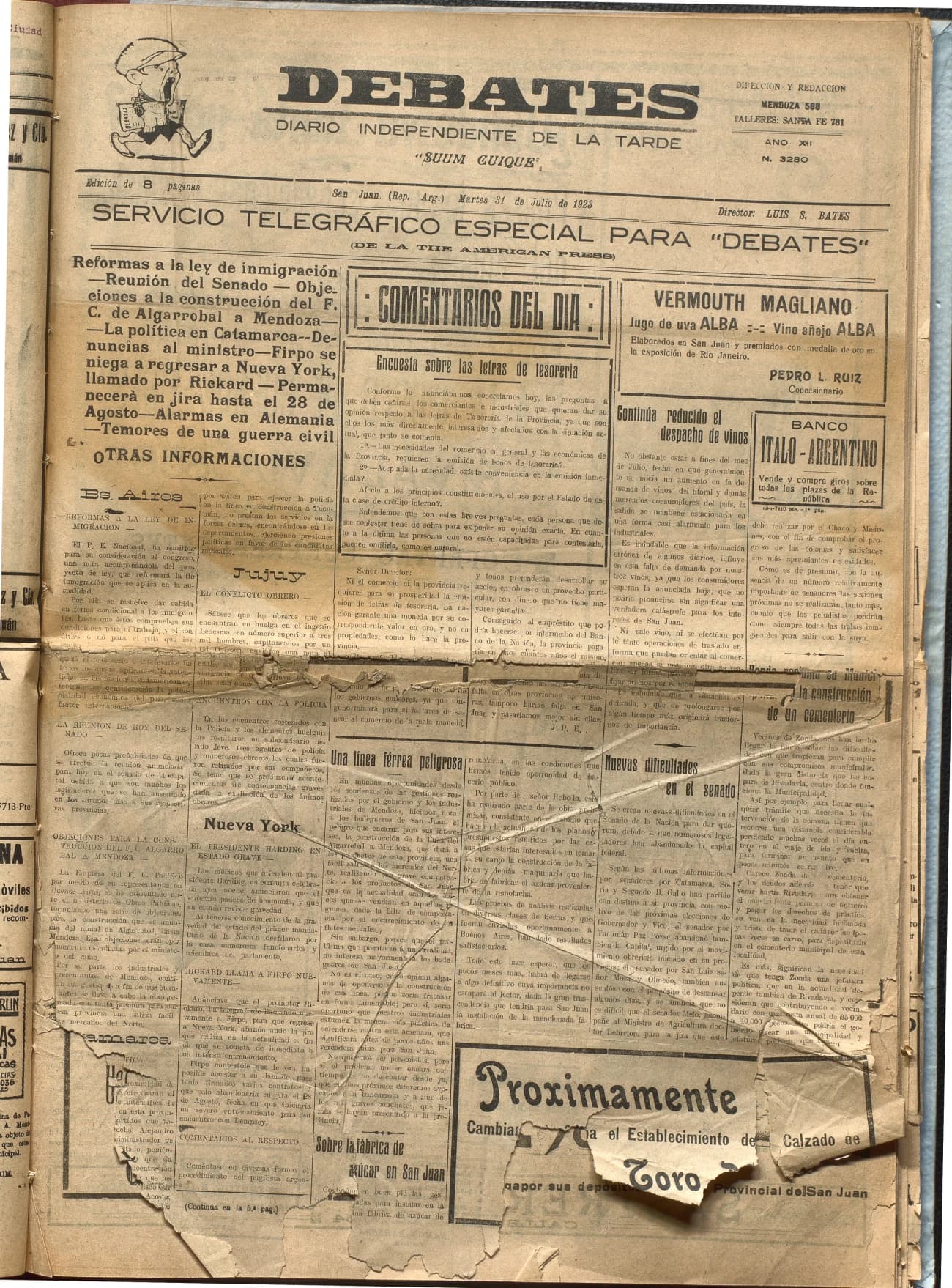 Portada · Diario Debates del 31 de julio de 1923