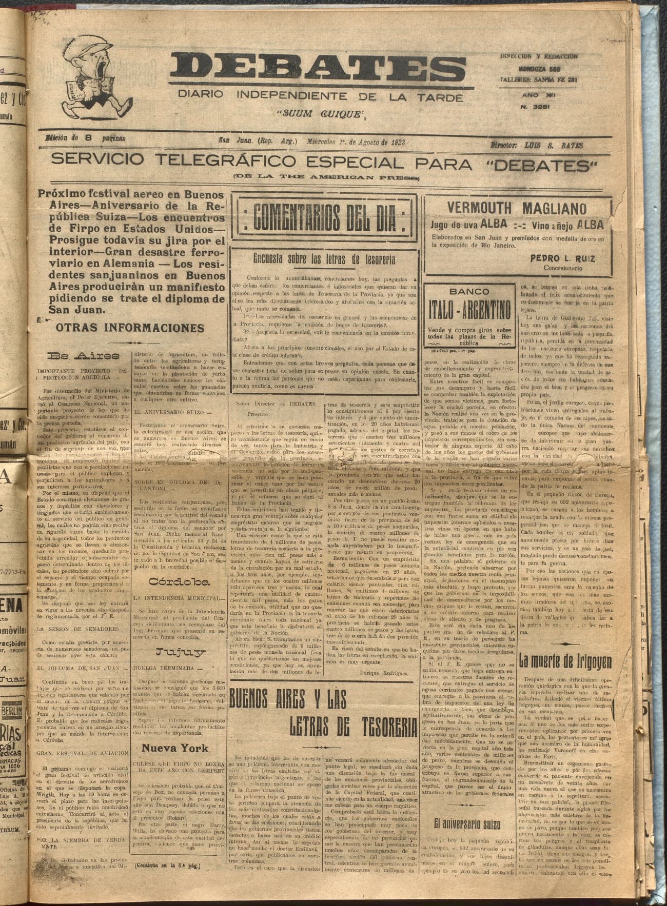 Portada · Diario Debates del 1 de agosto de 1923