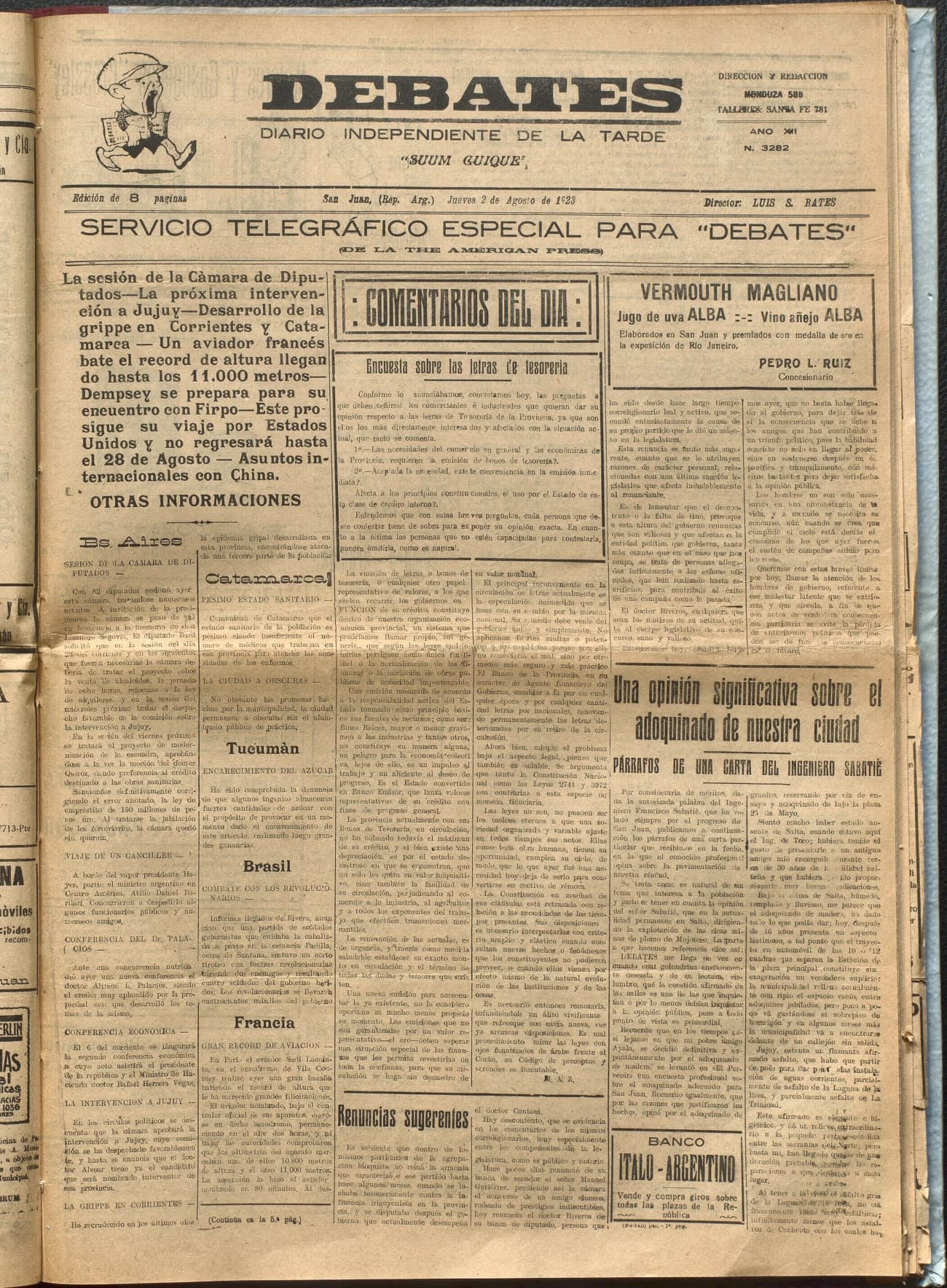 Portada · Diario Debates del 2 de agosto de 1923