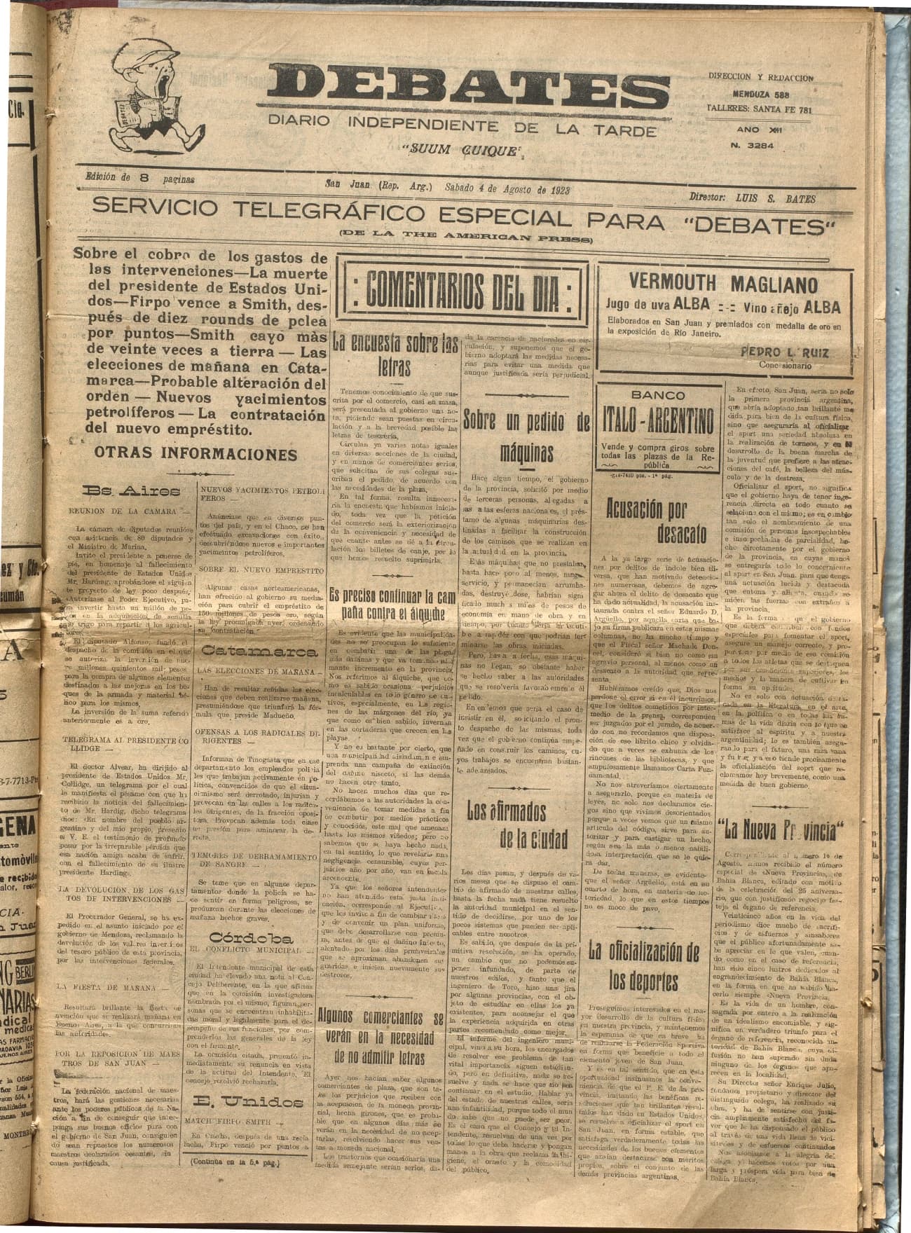 Portada · Diario Debates del 4 de agosto de 1923