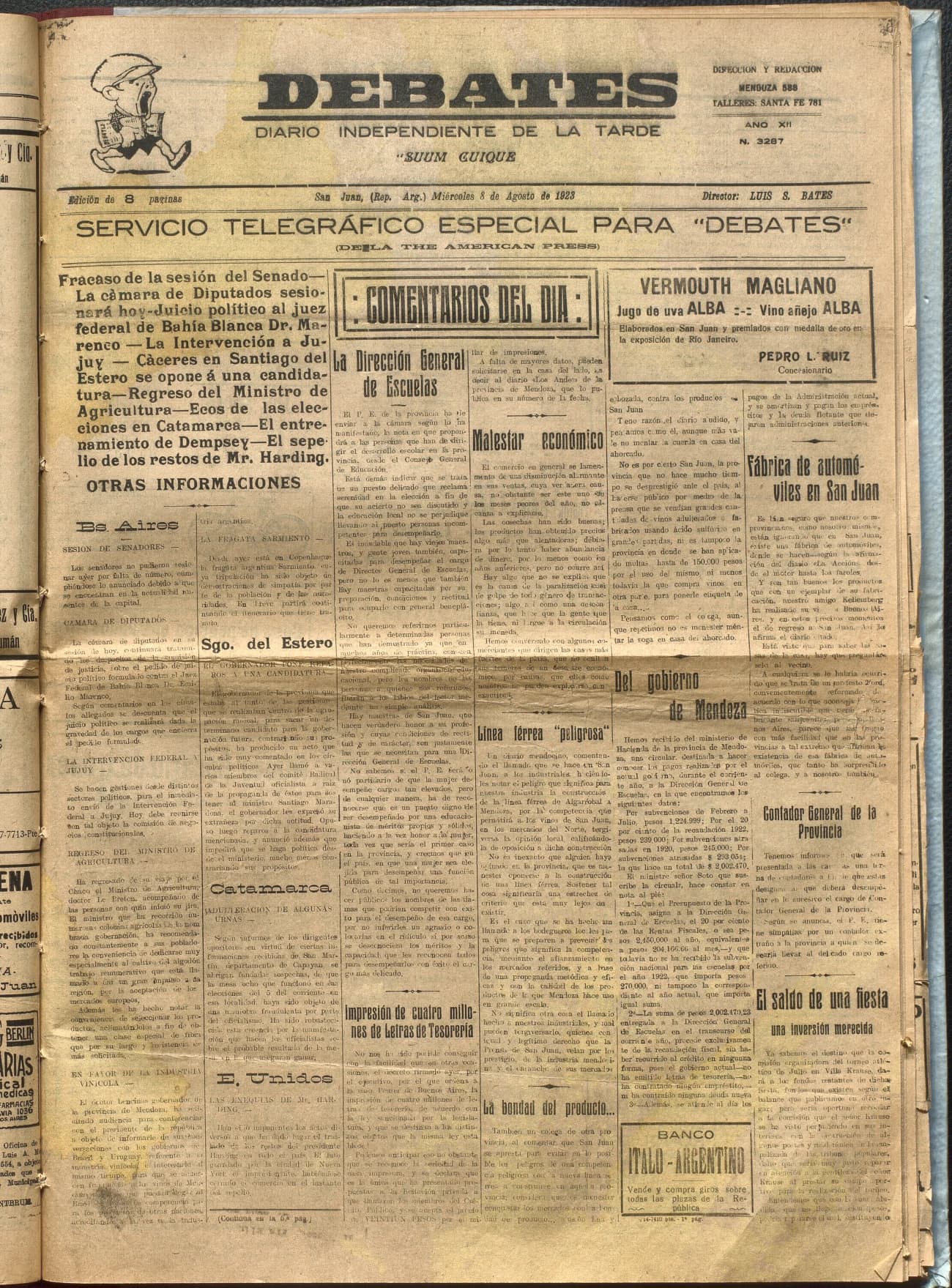 Portada · Diario Debates del 8 de agosto de 1923