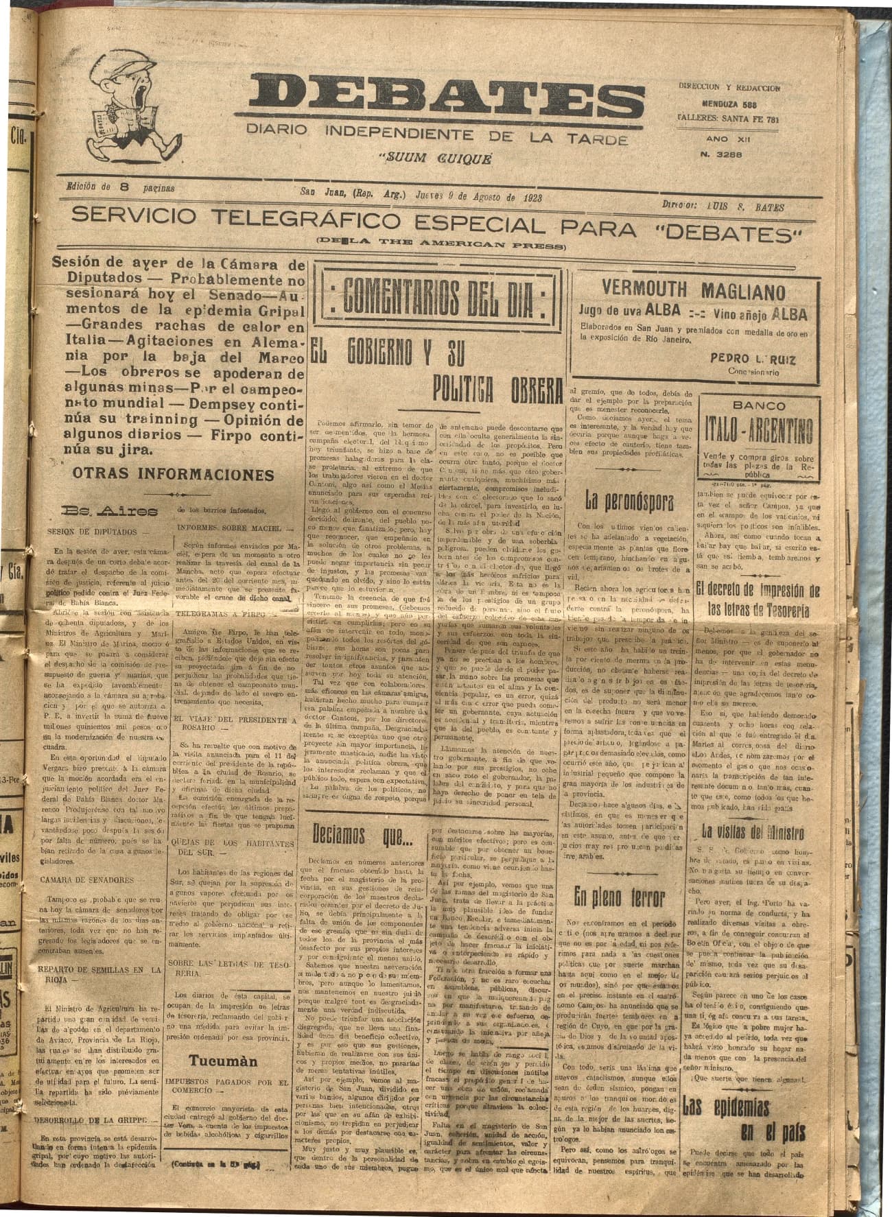 Portada · Diario Debates del 9 de agosto de 1923