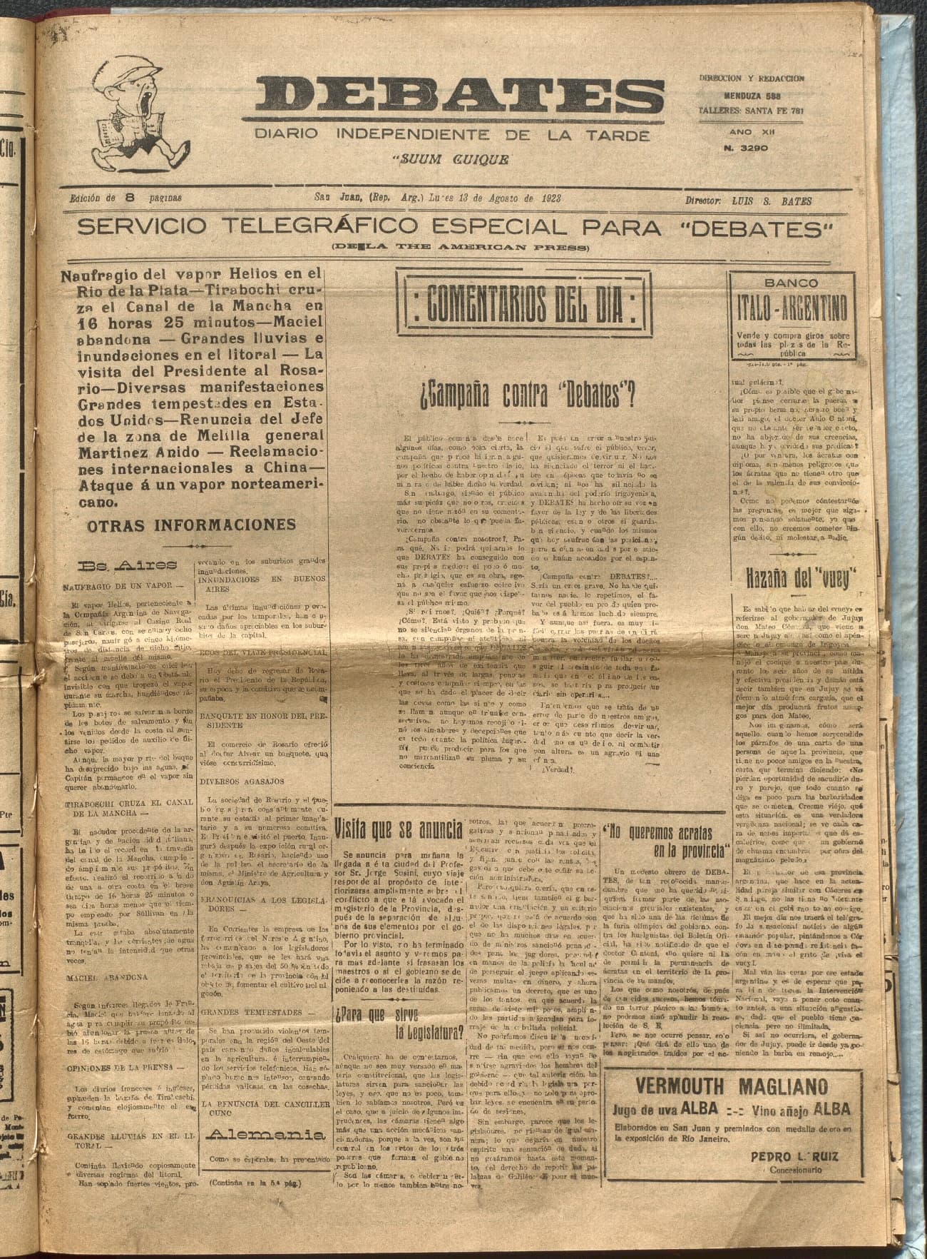 Portada · Diario Debates del 13 de agosto de 1923