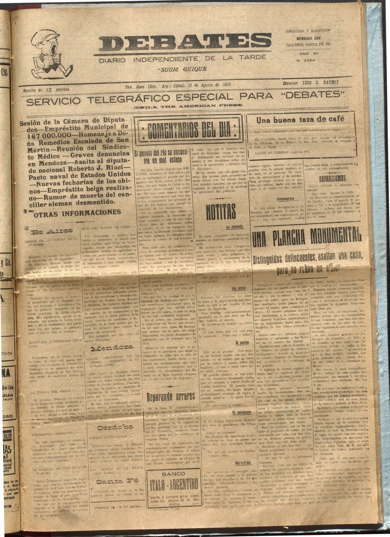 Portada · Diario Debates del 18 de agosto de 1923