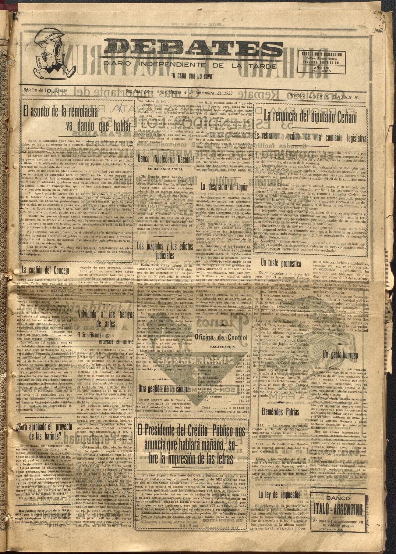Portada · Diario Debates del 4 de septiembre de 1923