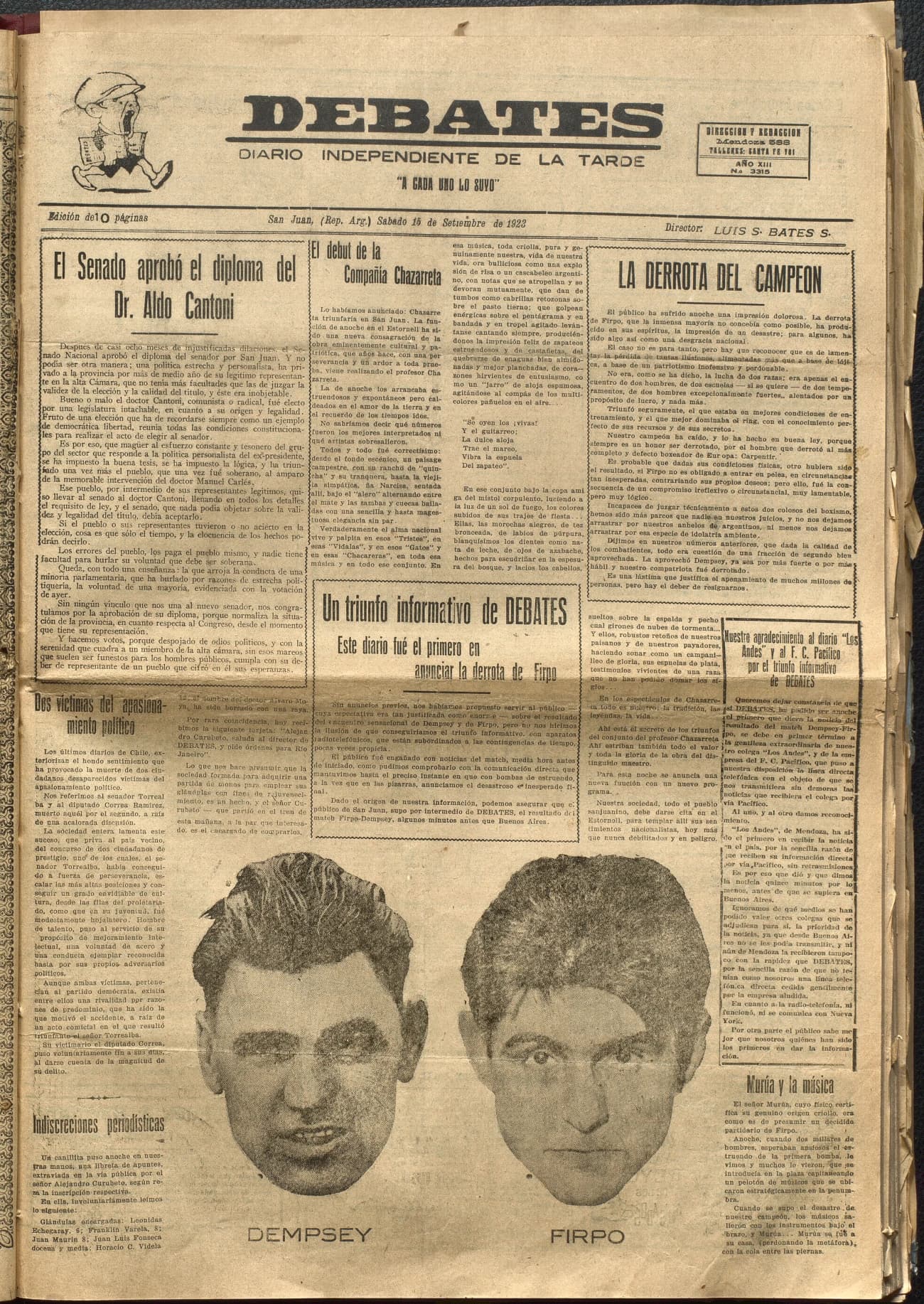 Portada · Diario Debates del 15 de septiembre de 1923