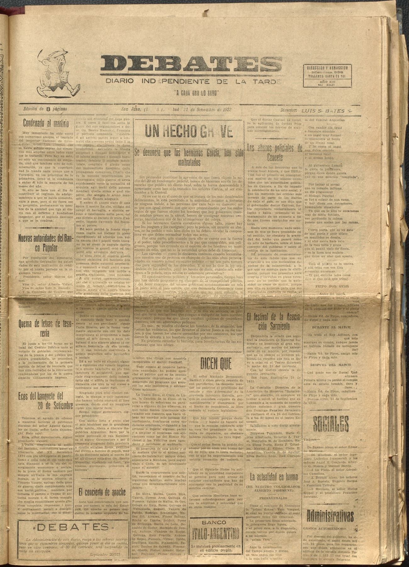 Portada · Diario Debates del 22 de septiembre de 1923