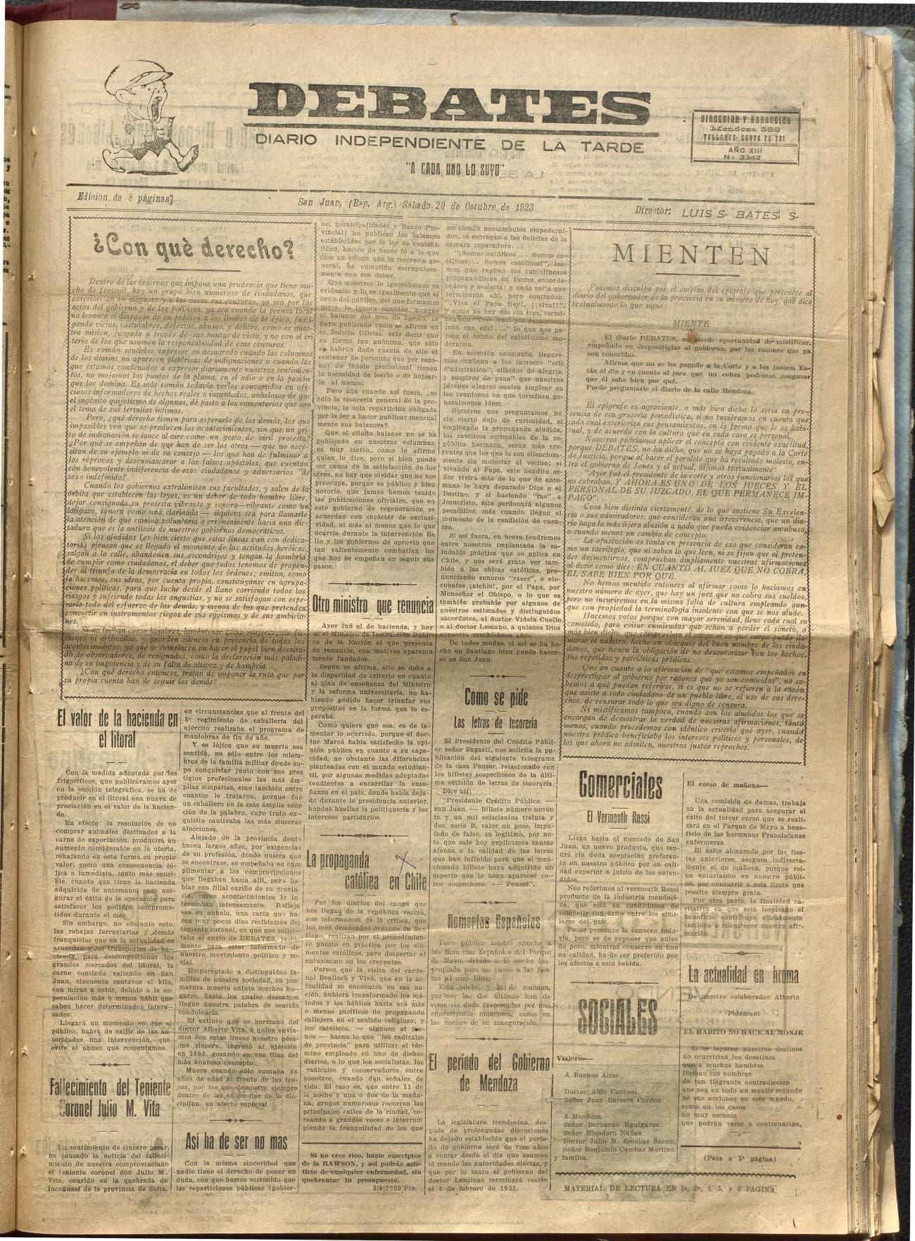 Portada · Diario Debates del 20 de octubre de 1923