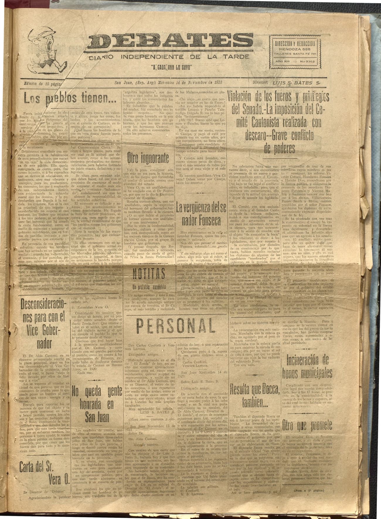 Portada · Diario Debates del 14 de noviembre de 1923
