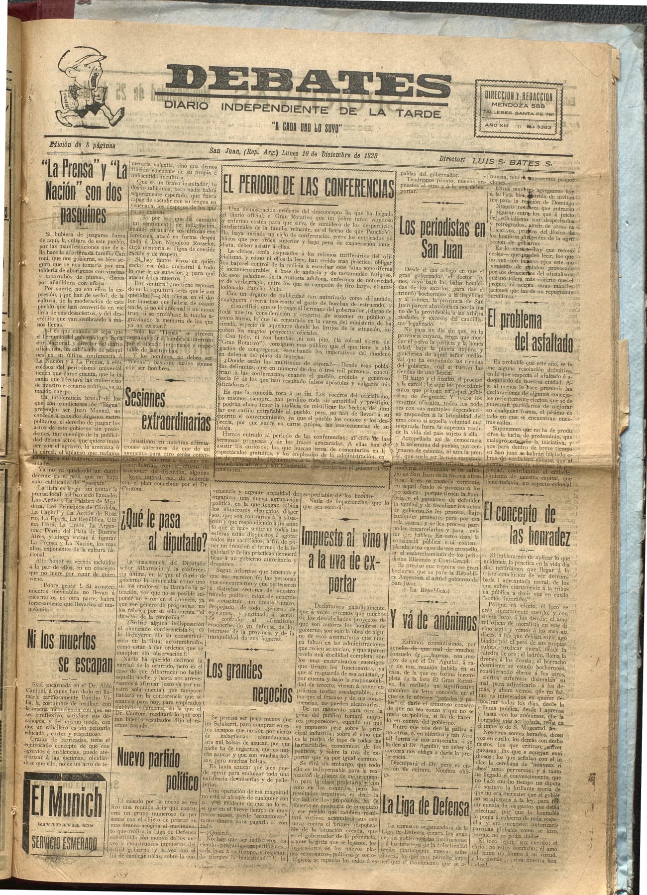 Portada · Diario Debates del 10 de diciembre de 1923