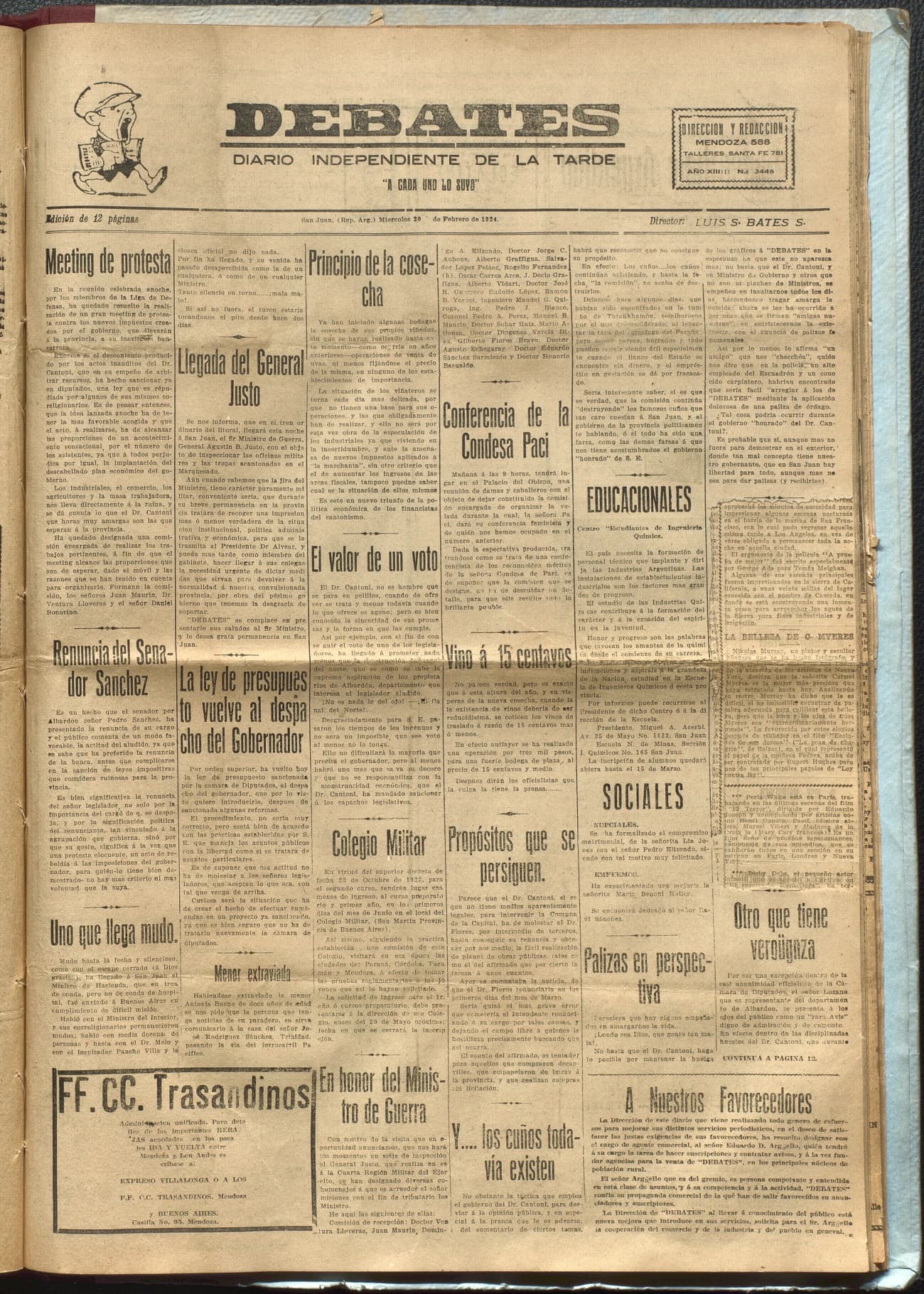 Portada · Diario Debates del 20 de febrero de 1924