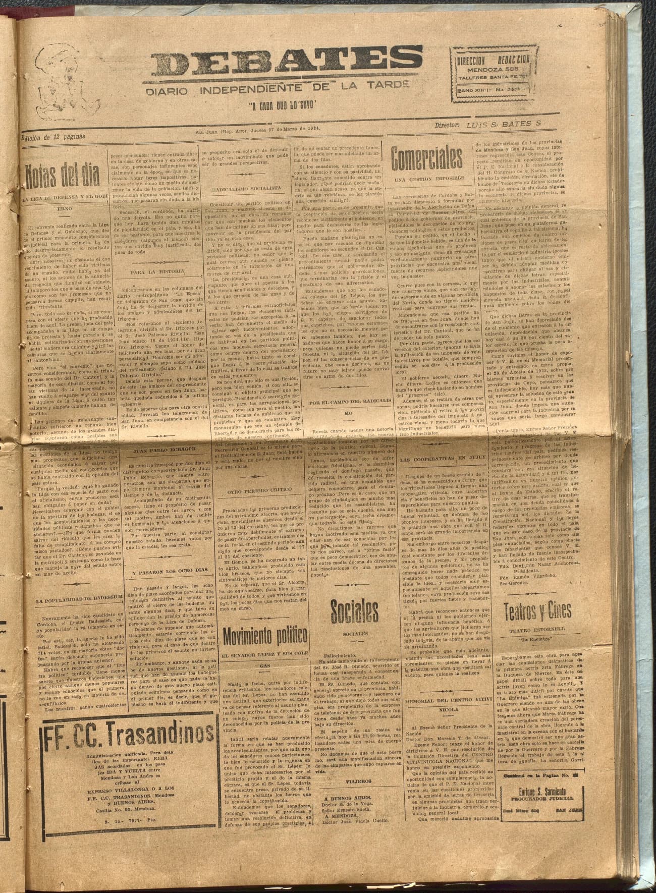 Portada · Diario Debates del 27 de marzo de 1924