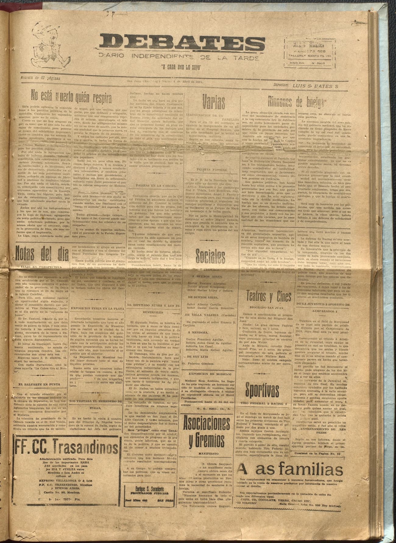 Portada · Diario Debates del 6 de abril de 1924