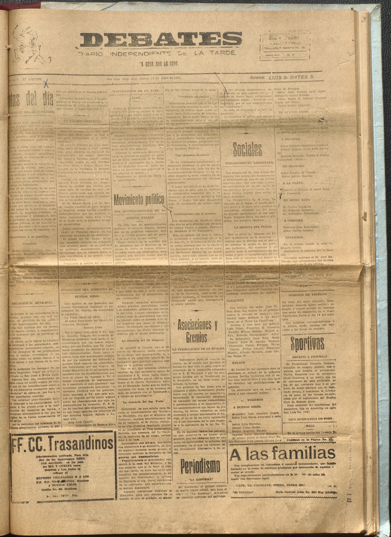 Portada · Diario Debates del 13 de abril de 1924