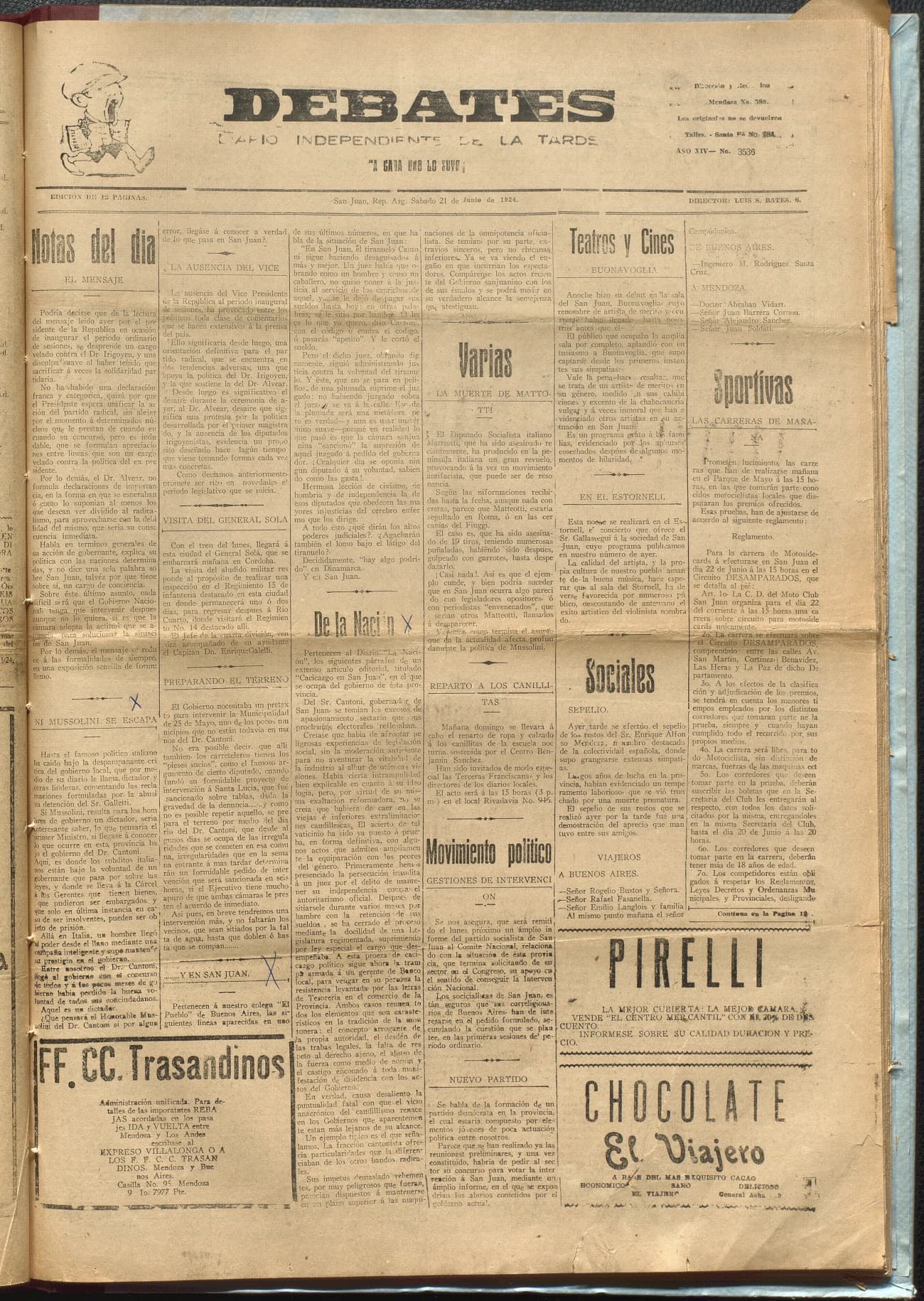 Portada · Diario Debates del 21 de junio de 1924