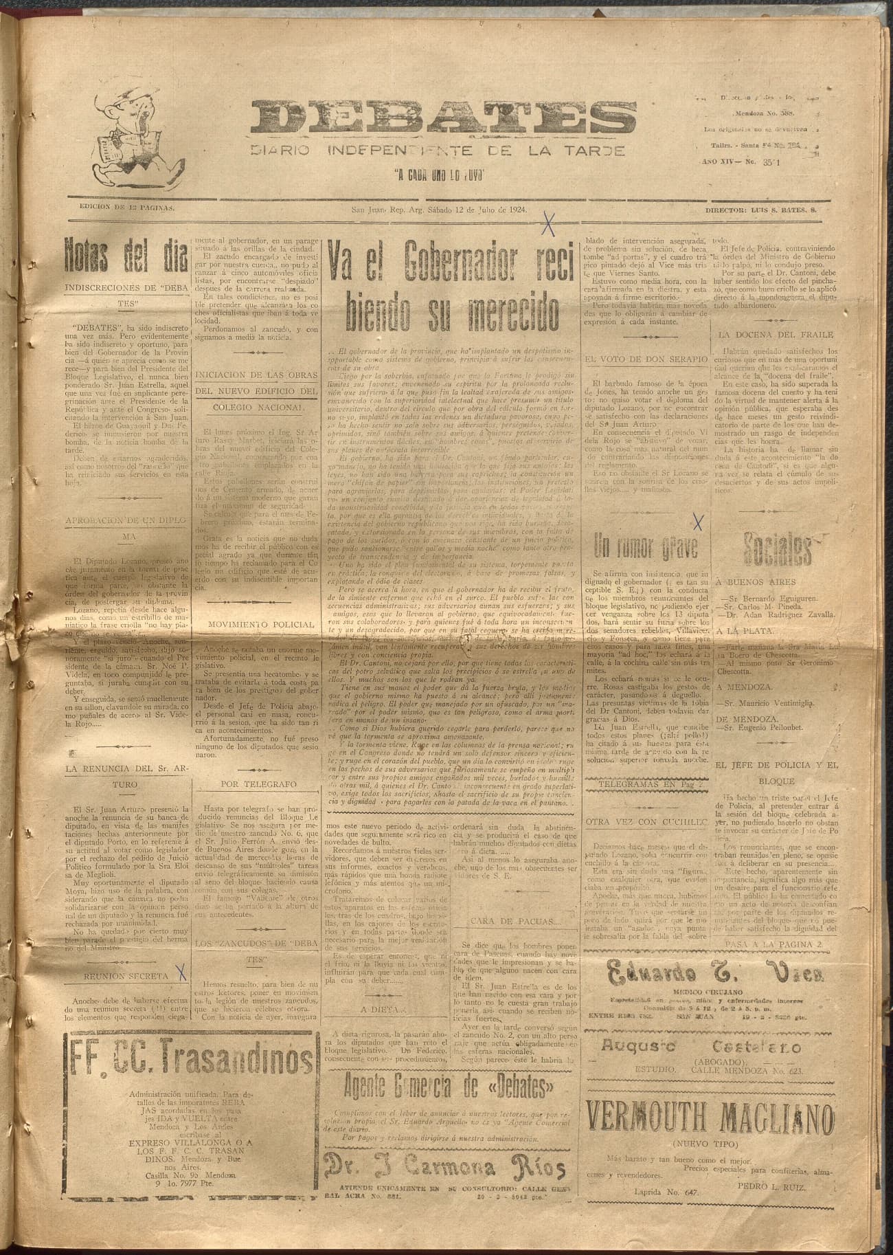 Portada · Diario Debates del 12 de julio de 1924