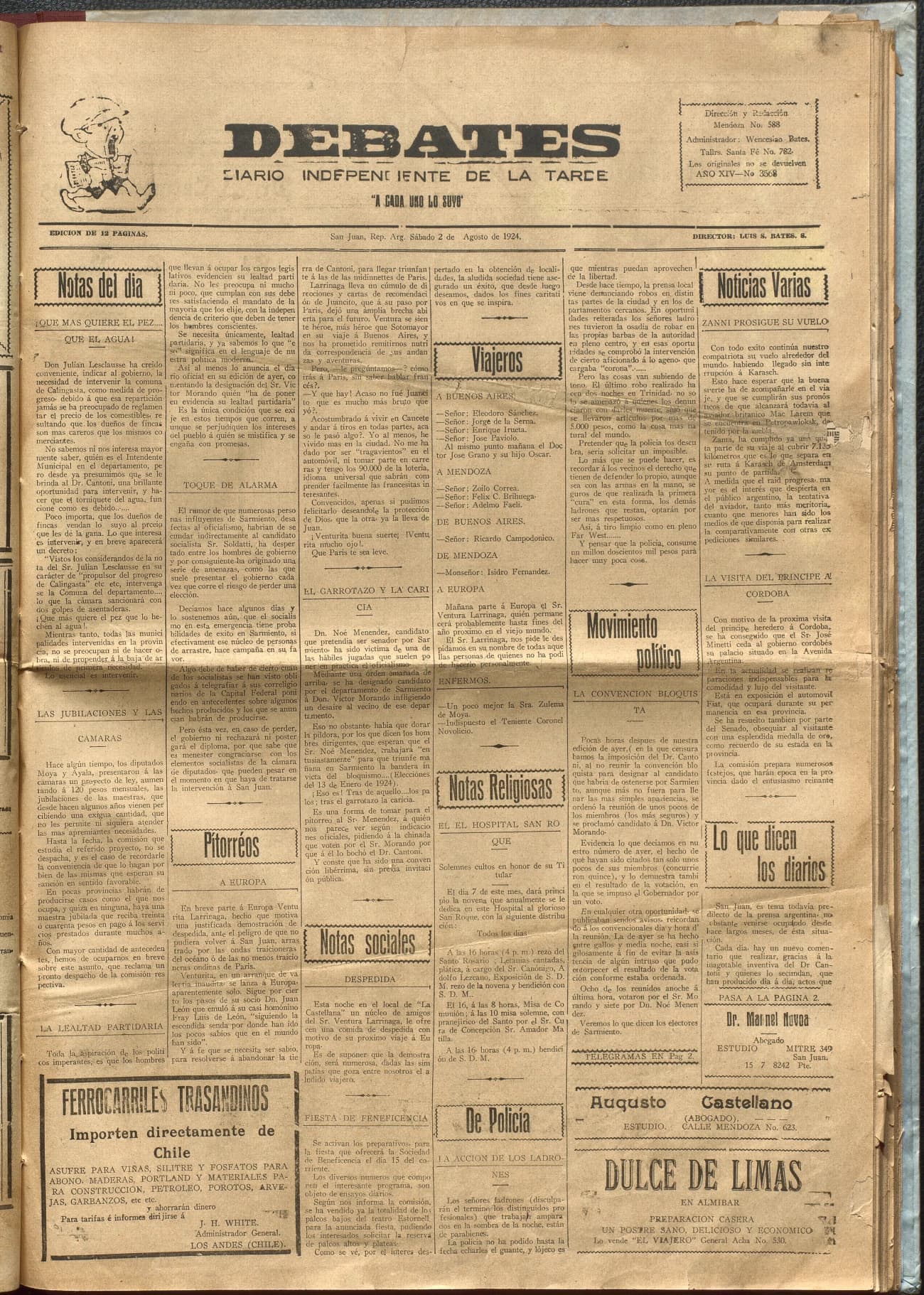 Portada · Diario Debates del 2 de agosto de 1924