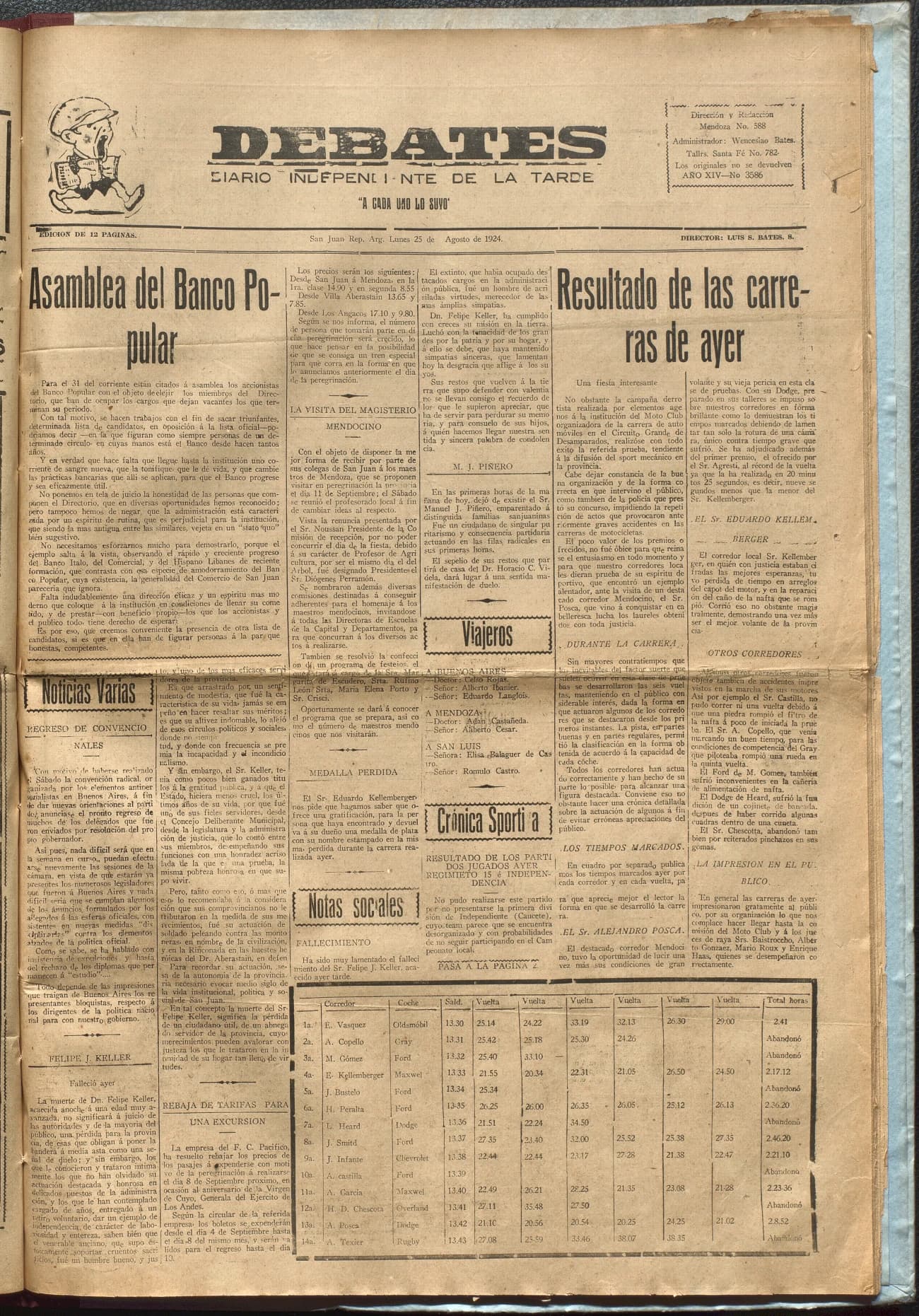 Portada · Diario Debates del 25 de agosto de 1924