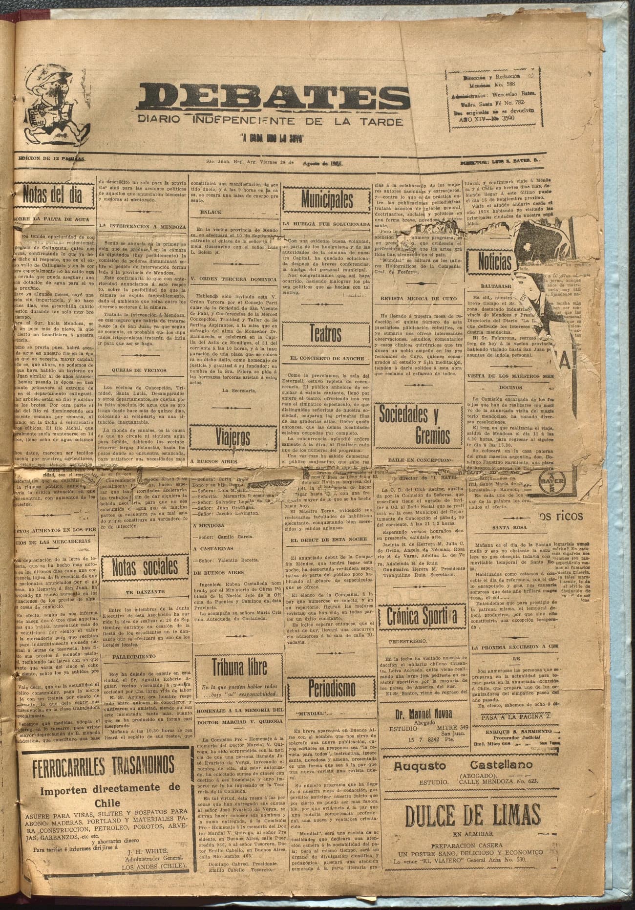 Portada · Diario Debates del 29 de agosto de 1924