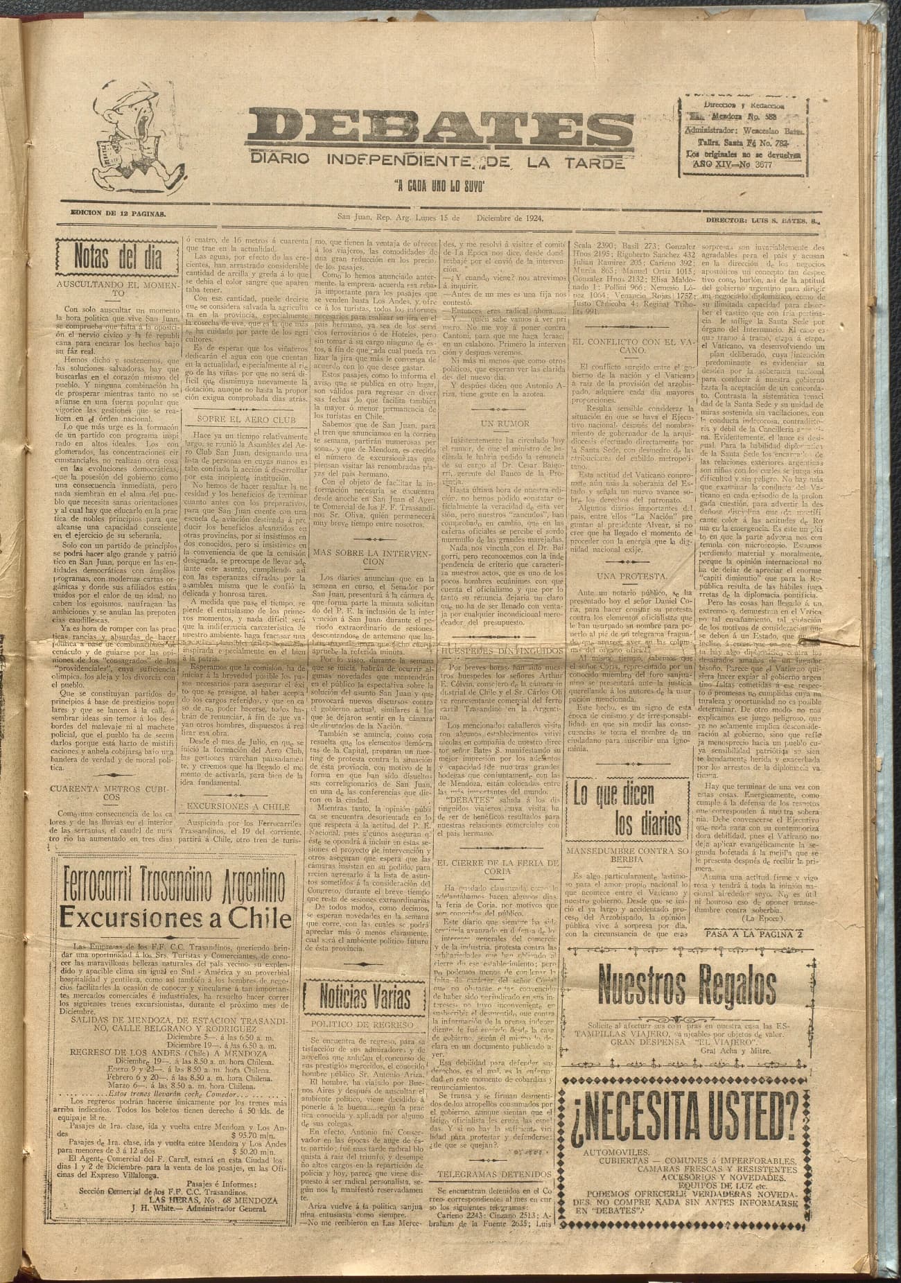 Portada · Diario Debates del 15 de diciembre de 1924