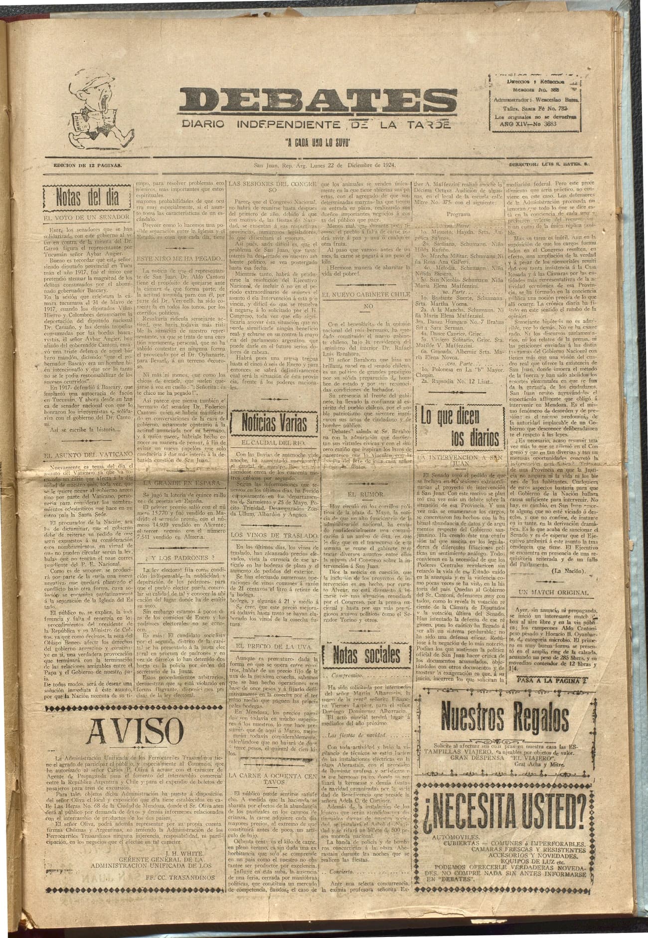 Portada · Diario Debates del 22 de diciembre de 1924