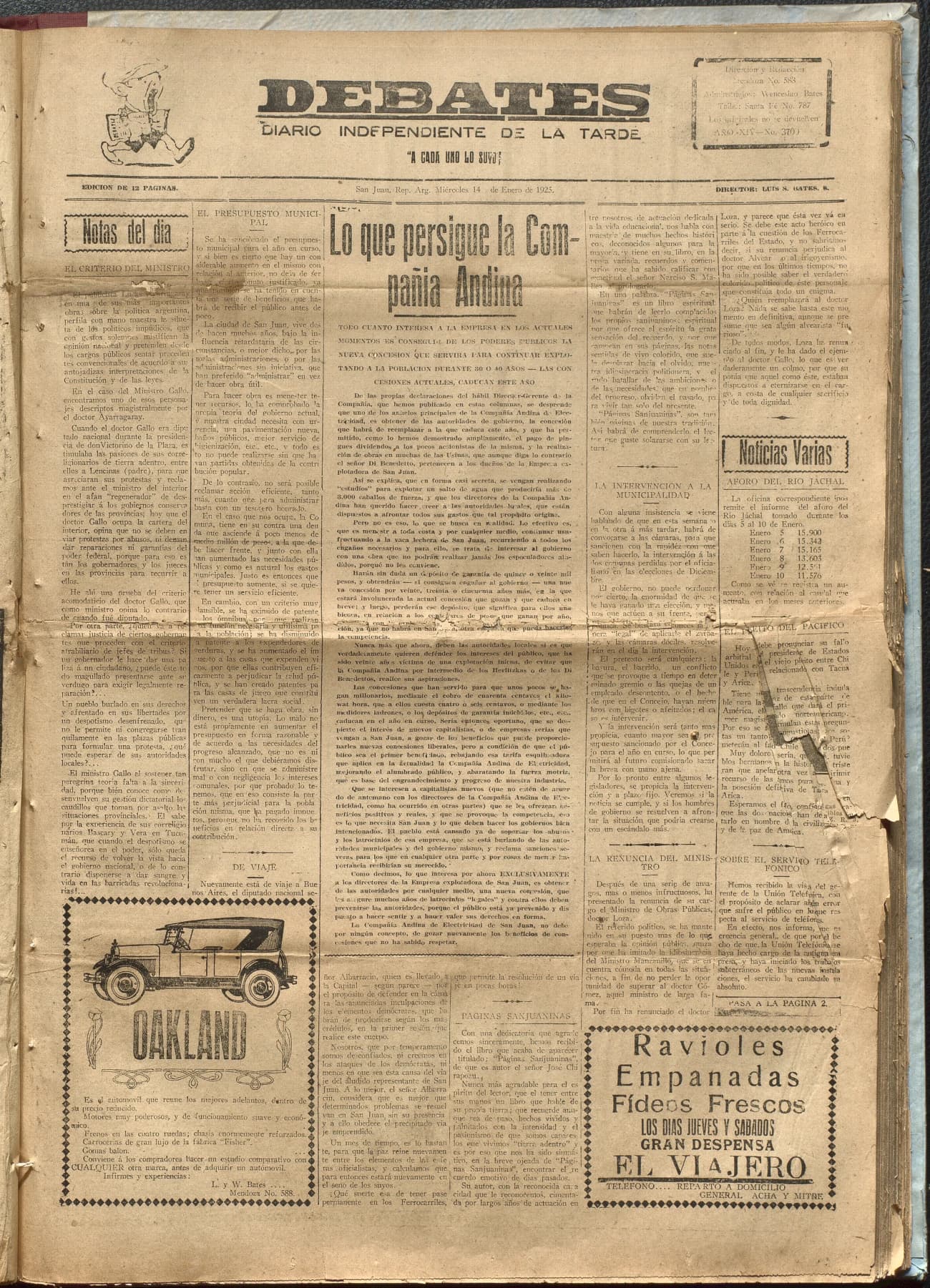 Portada · Diario Debates del 14 de enero de 1925