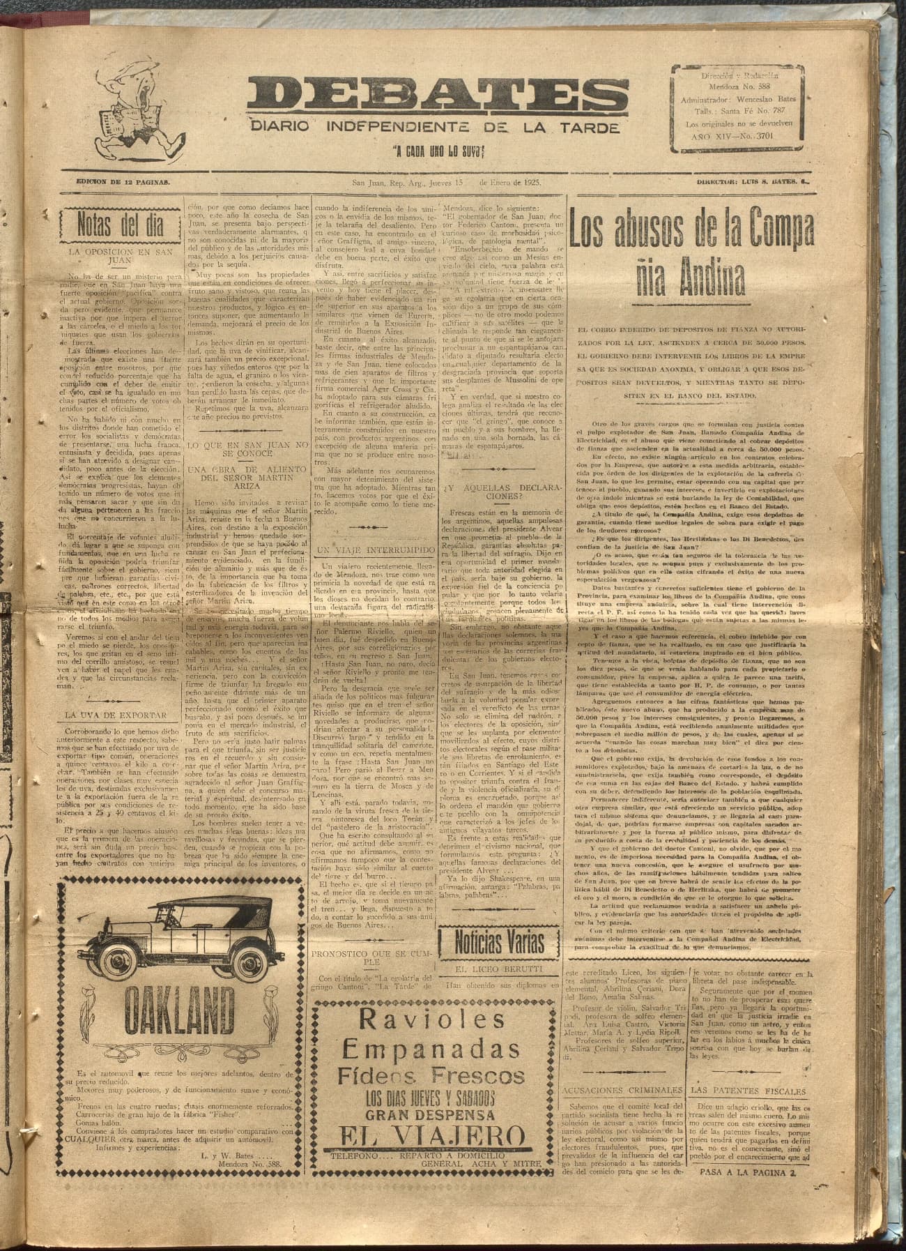Portada · Diario Debates del 15 de enero de 1925