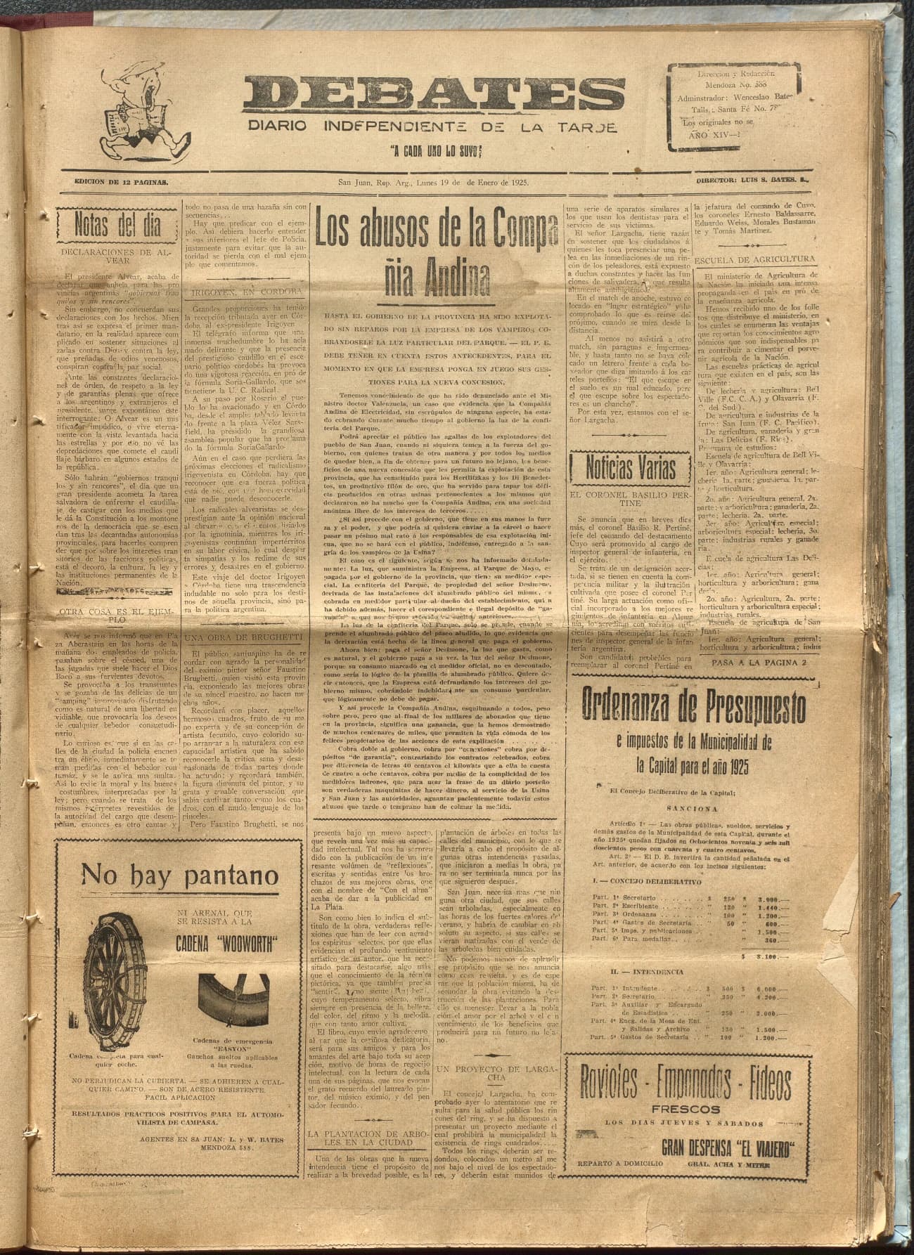Portada · Diario Debates del 19 de enero de 1925